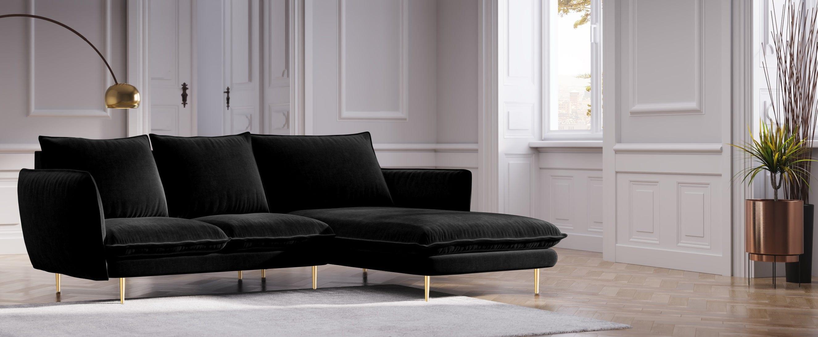 Narożnik aksamitny prawostronny VIENNA czarny ze złotą podstawą Cosmopolitan Design Eye on Design