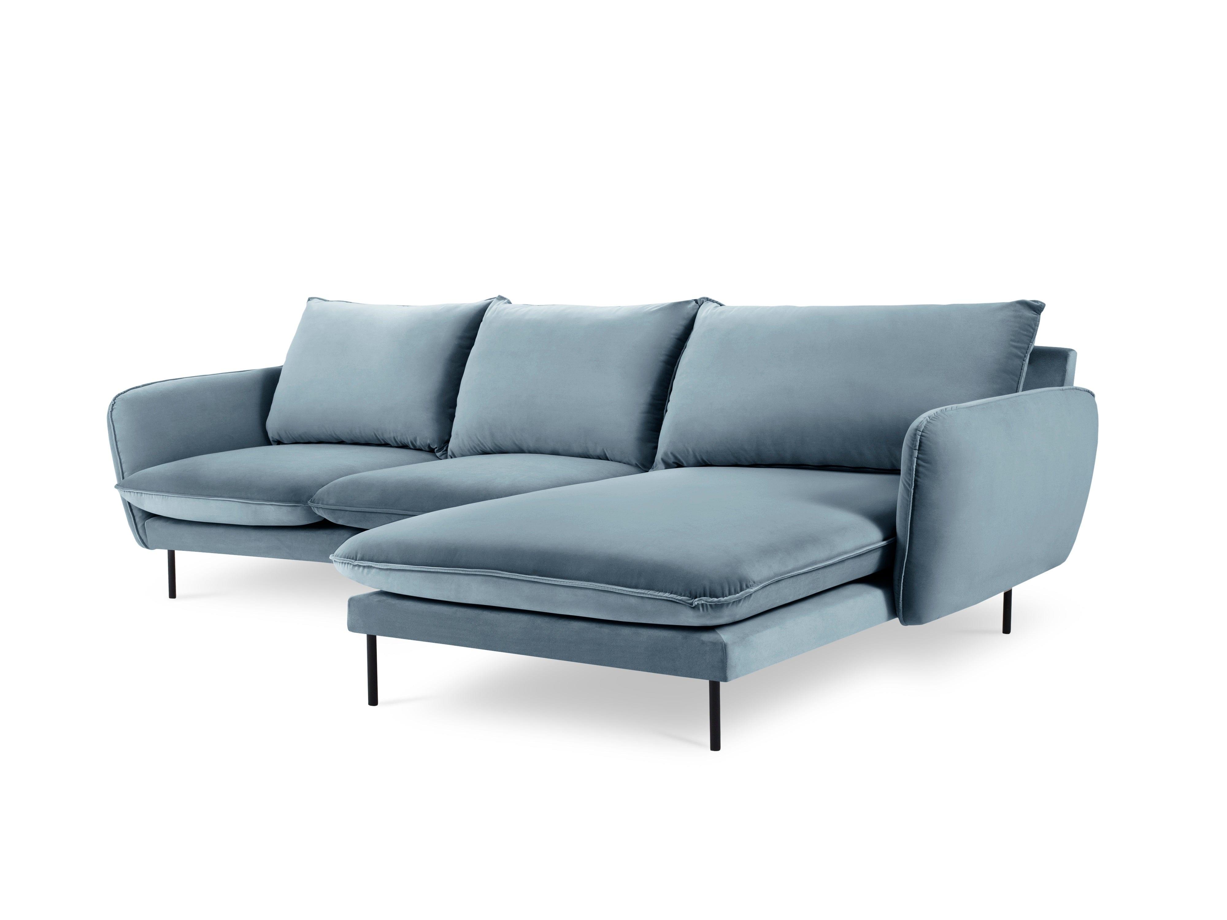 Narożnik aksamitny prawostronny VIENNA jasnoniebieski z czarną podstawą Cosmopolitan Design Eye on Design