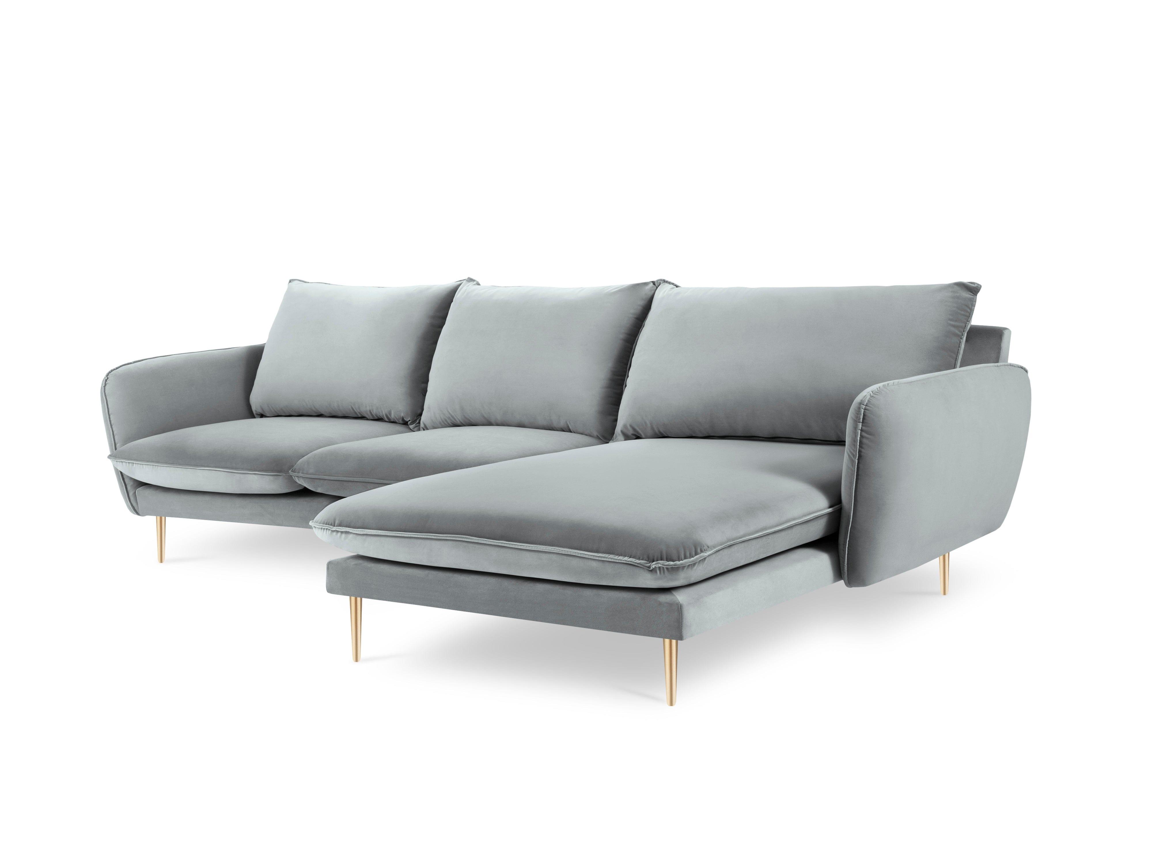 Narożnik aksamitny prawostronny VIENNA jasnoszary ze złotą podstawą Cosmopolitan Design Eye on Design