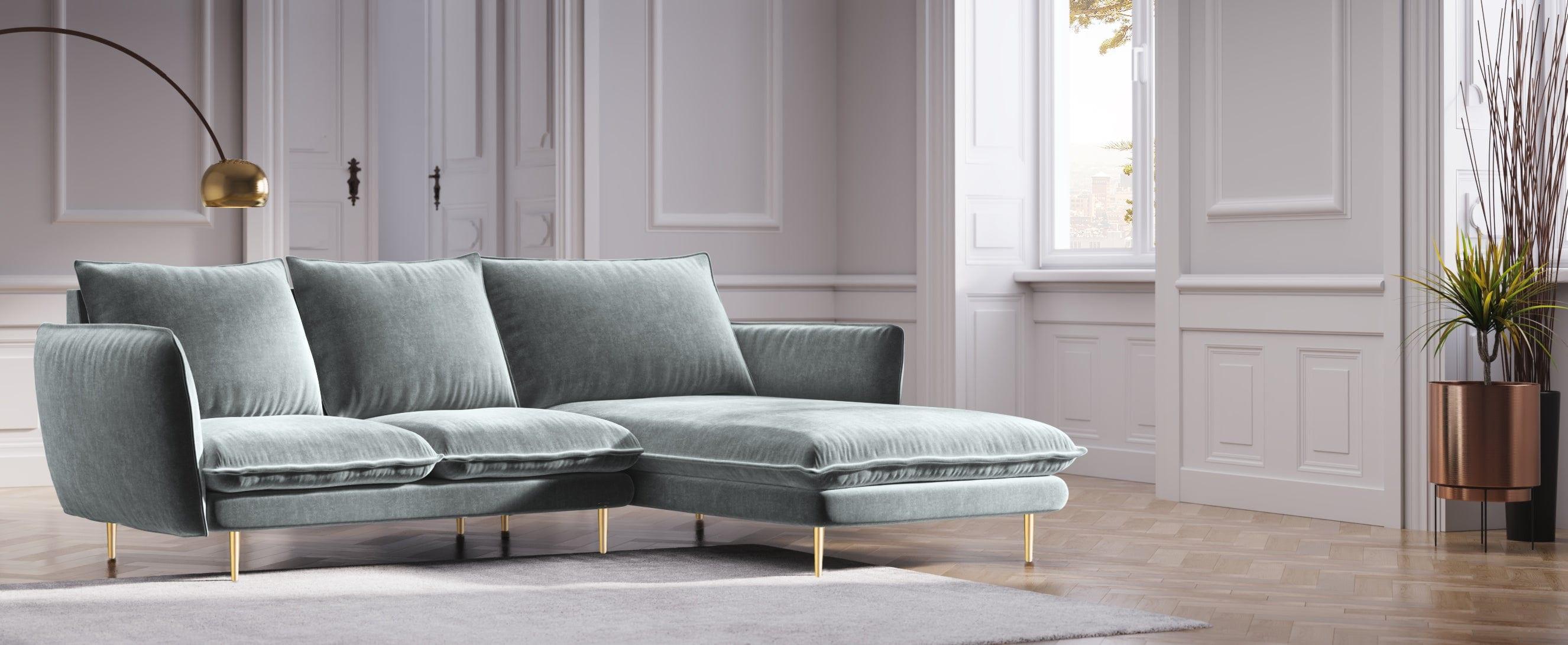 Narożnik aksamitny prawostronny VIENNA jasnoszary ze złotą podstawą Cosmopolitan Design Eye on Design
