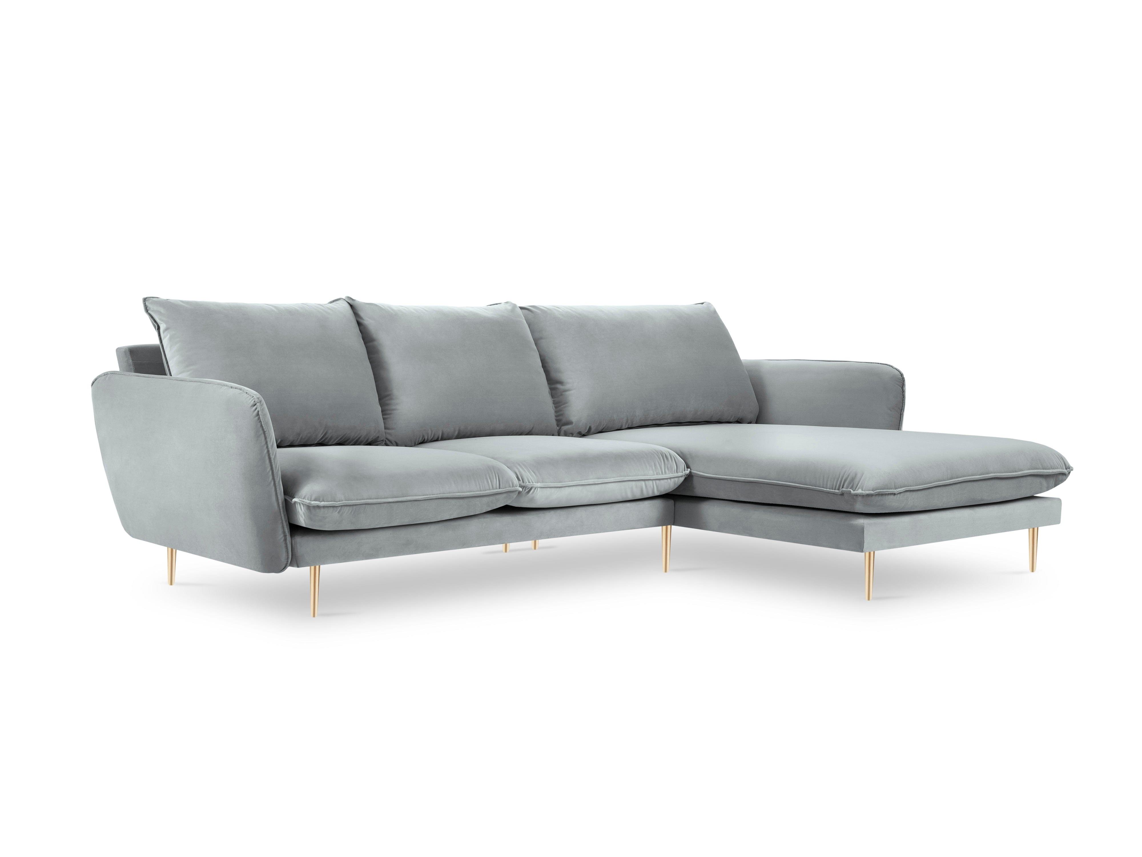Narożnik aksamitny prawostronny VIENNA jasnoszary ze złotą podstawą Cosmopolitan Design Eye on Design