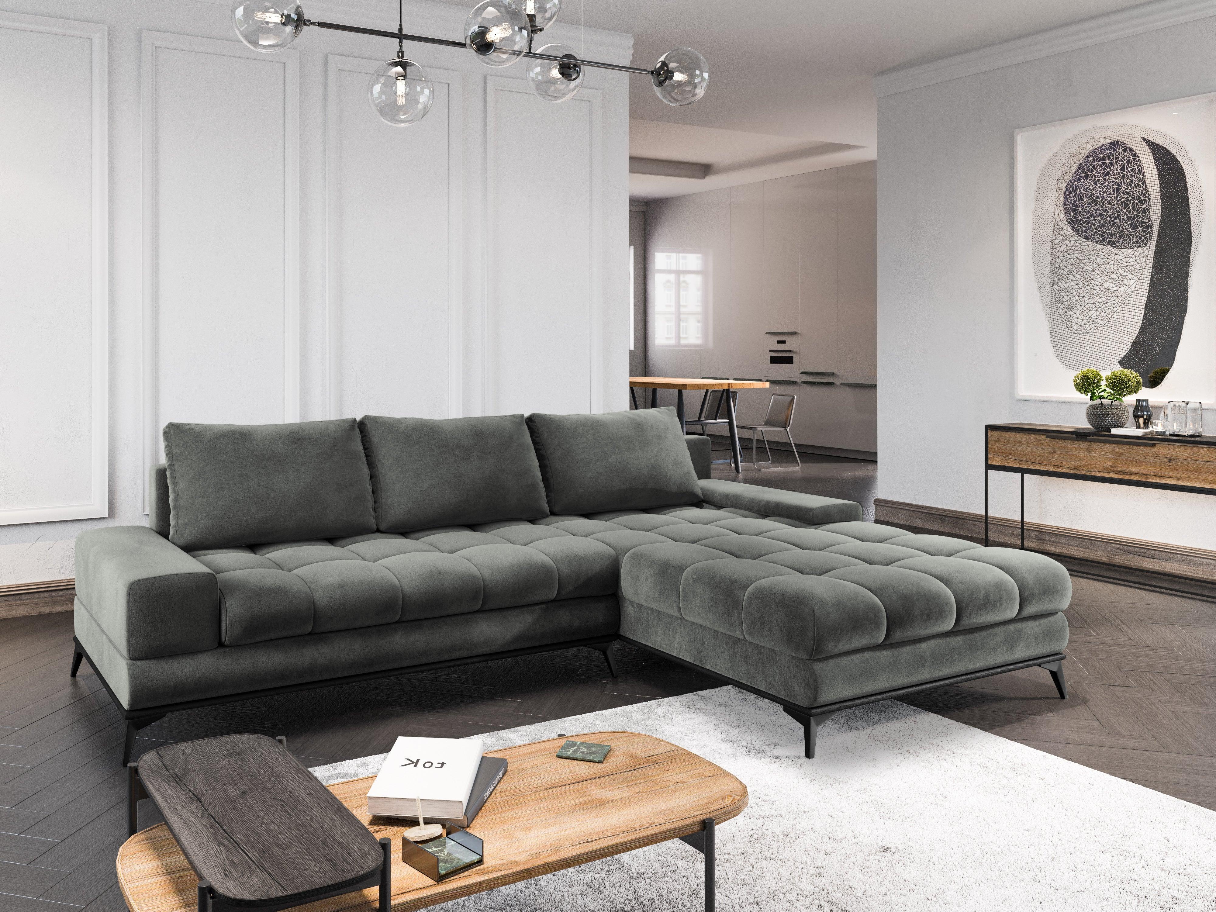 Narożnik aksamitny prawostronny z funkcją spania DENEB szary Windsor & Co Eye on Design