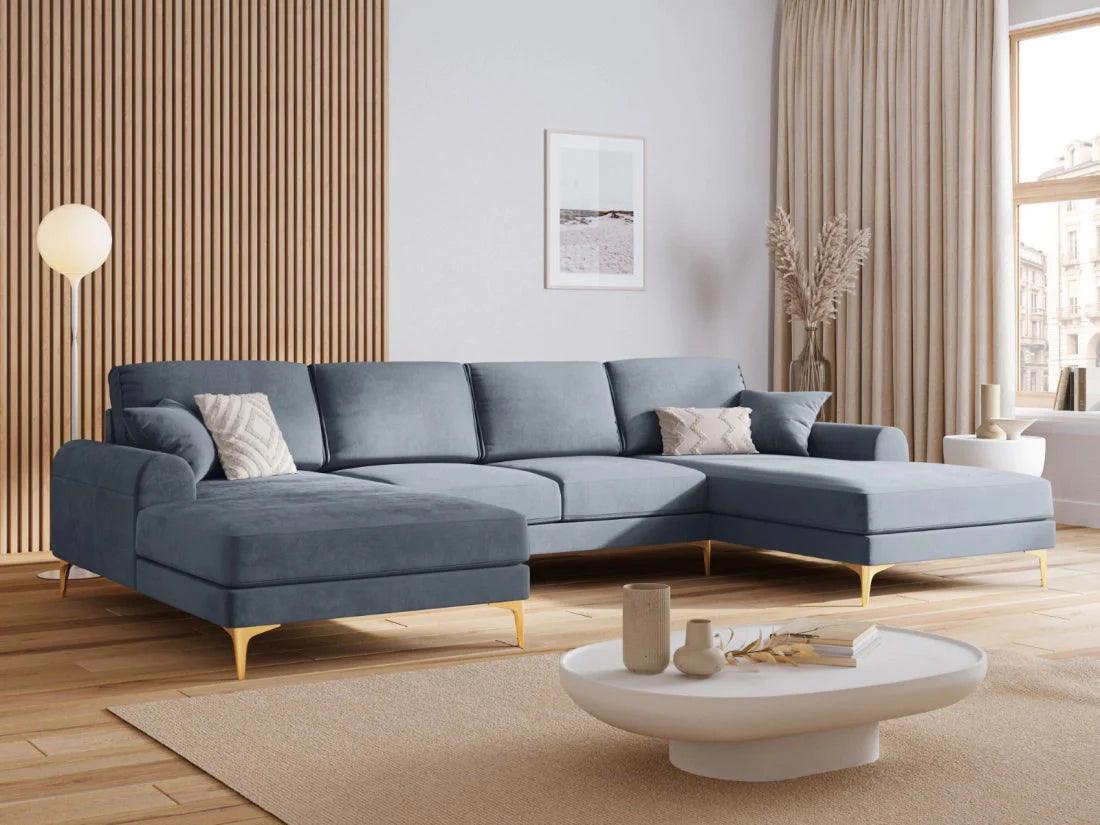 Narożnik aksamitny w kształcie U MADARA jasnoniebieski ze złotą podstawą Mazzini Sofas Eye on Design