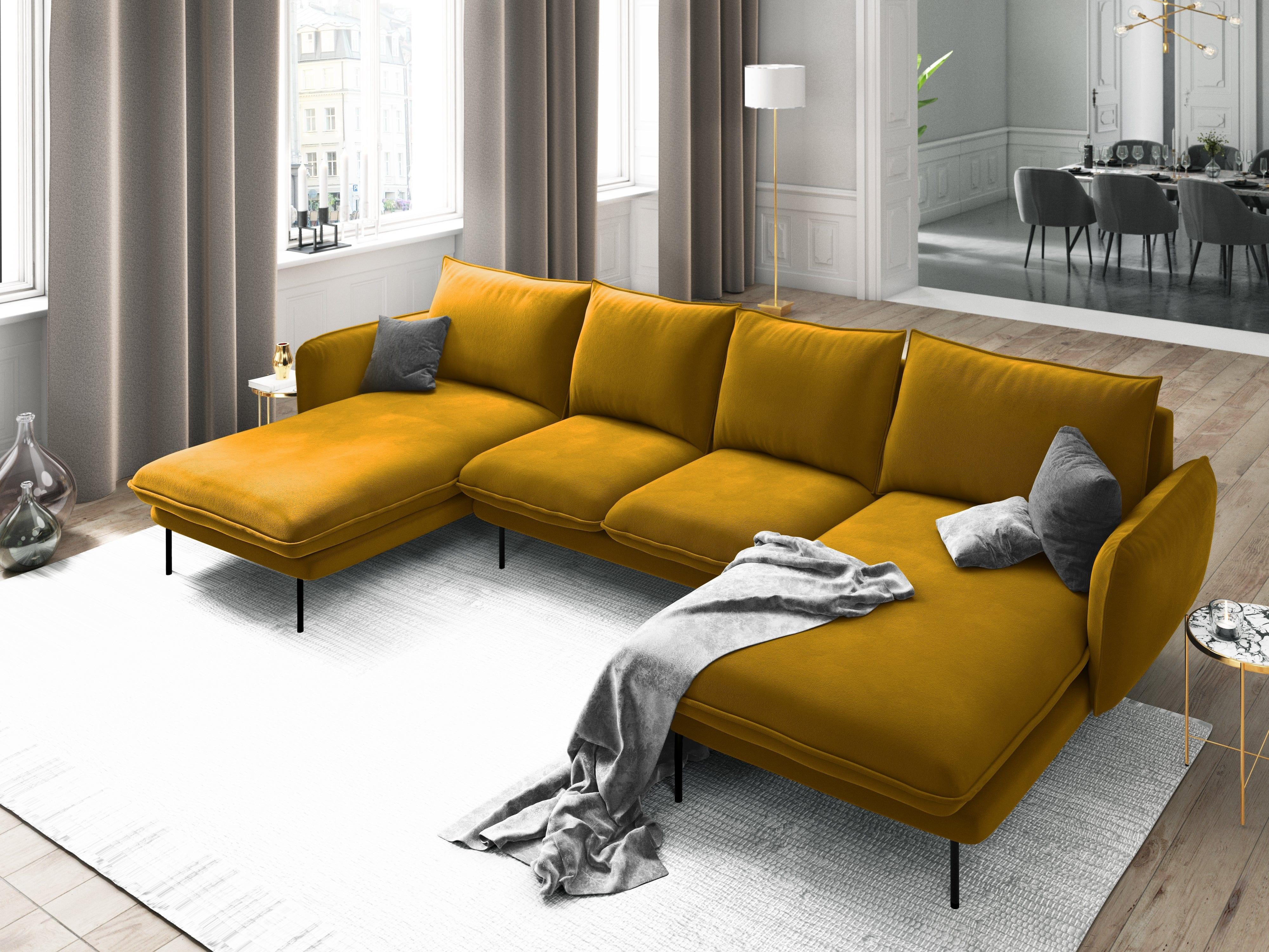 Narożnik aksamitny w kształcie U VIENNA żółty z czarną podstawą Cosmopolitan Design Eye on Design