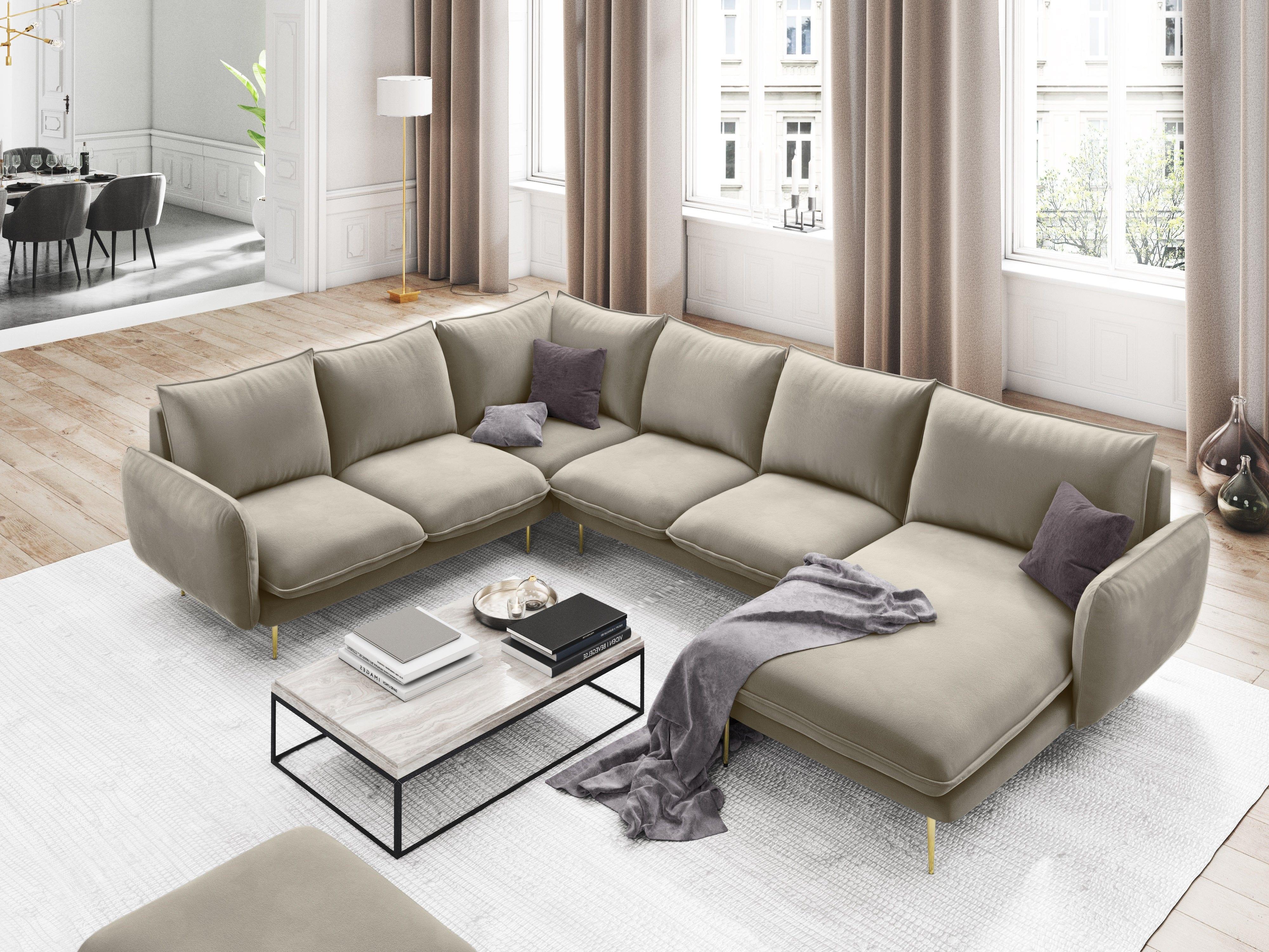 Narożnik lewostronny aksamitny panoramiczny VIENNA beżowy ze złotą podstawą Cosmopolitan Design Eye on Design