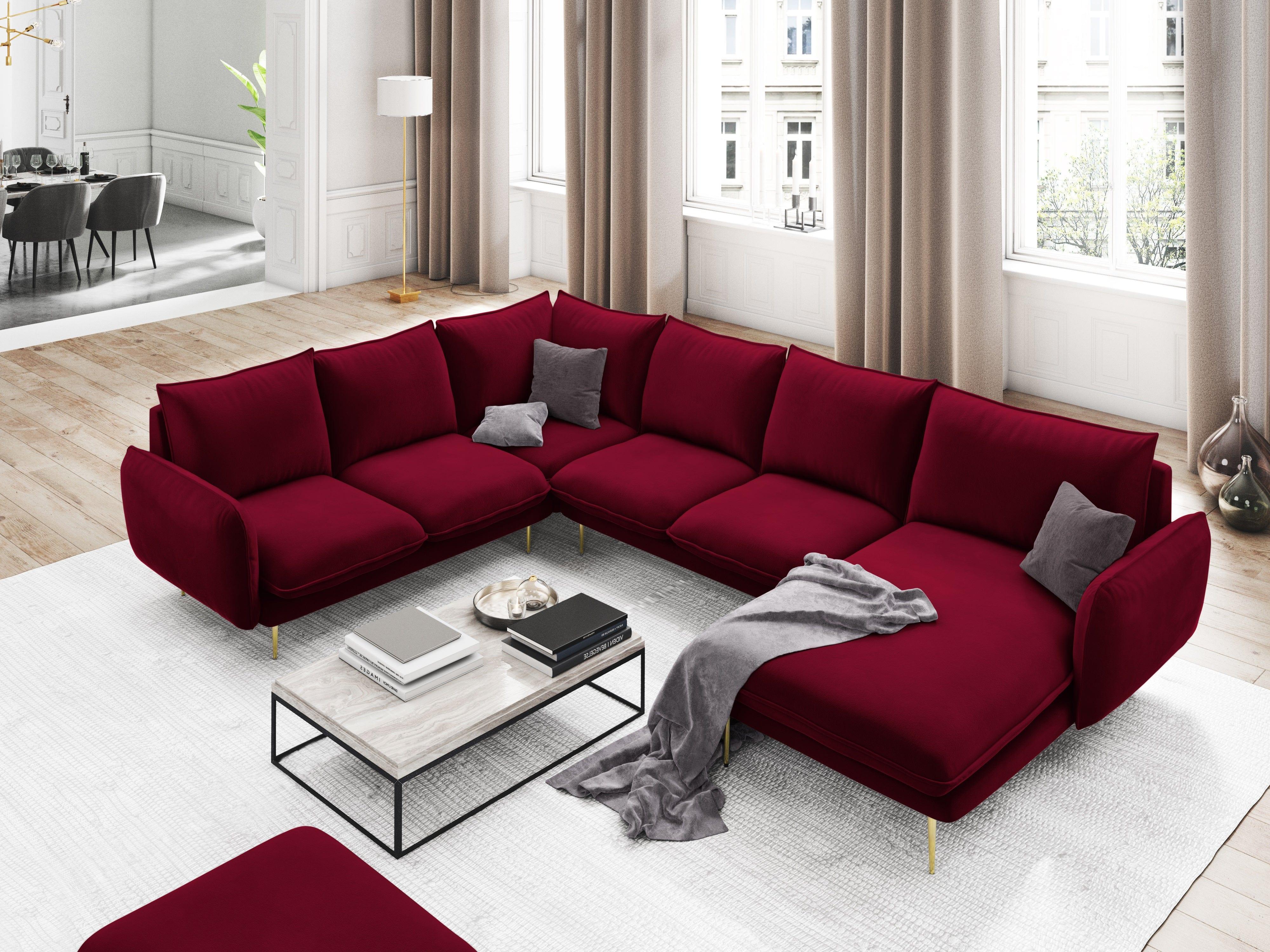 Narożnik lewostronny aksamitny panoramiczny VIENNA bordowy ze złotą podstawą Cosmopolitan Design Eye on Design