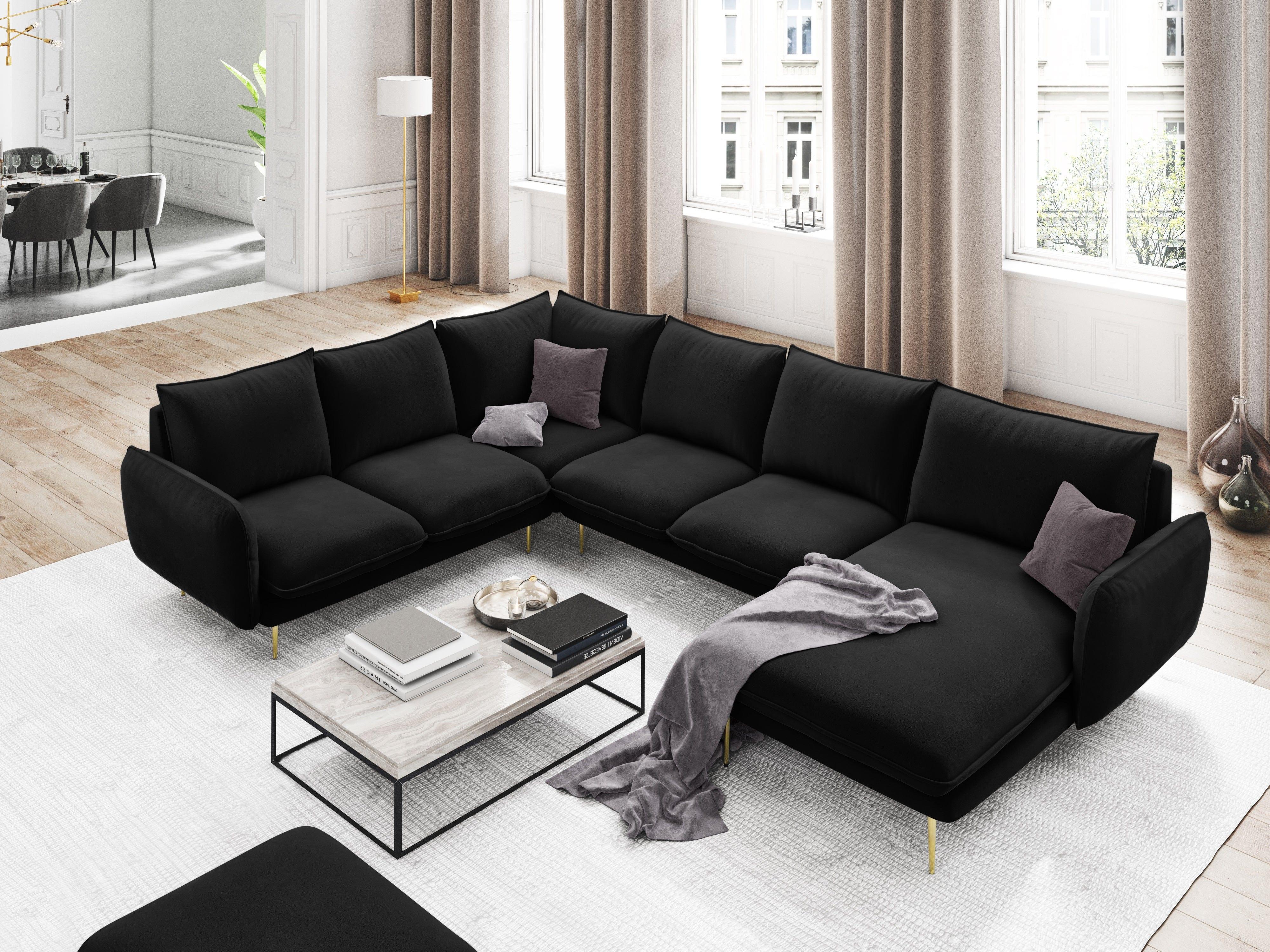 Narożnik lewostronny aksamitny panoramiczny VIENNA czarny ze złotą podstawą Cosmopolitan Design Eye on Design