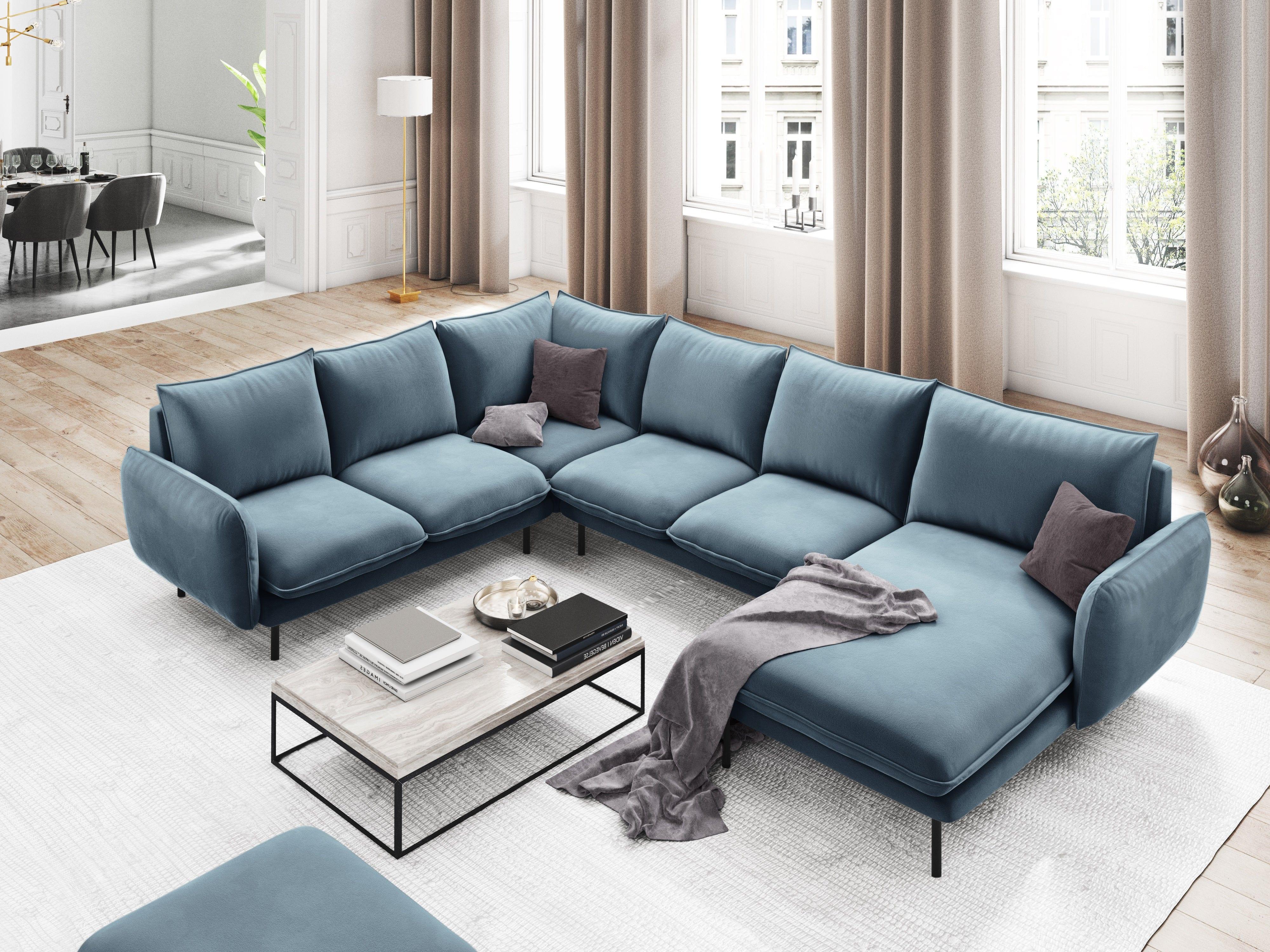 Narożnik lewostronny aksamitny panoramiczny VIENNA jasnoniebieski z czarną podstawą Cosmopolitan Design Eye on Design