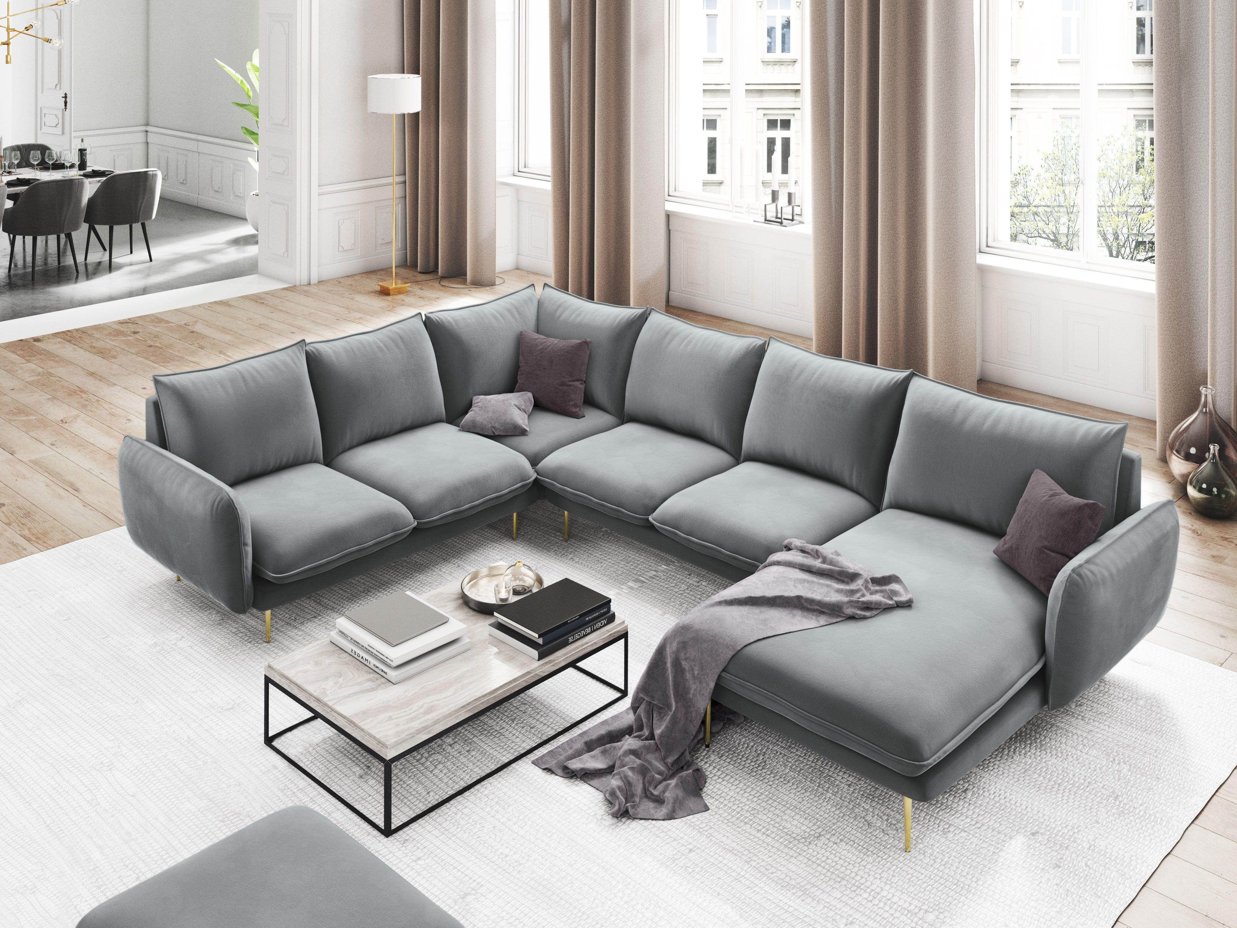 Narożnik lewostronny aksamitny panoramiczny VIENNA jasnoszary ze złotą podstawą Cosmopolitan Design Eye on Design