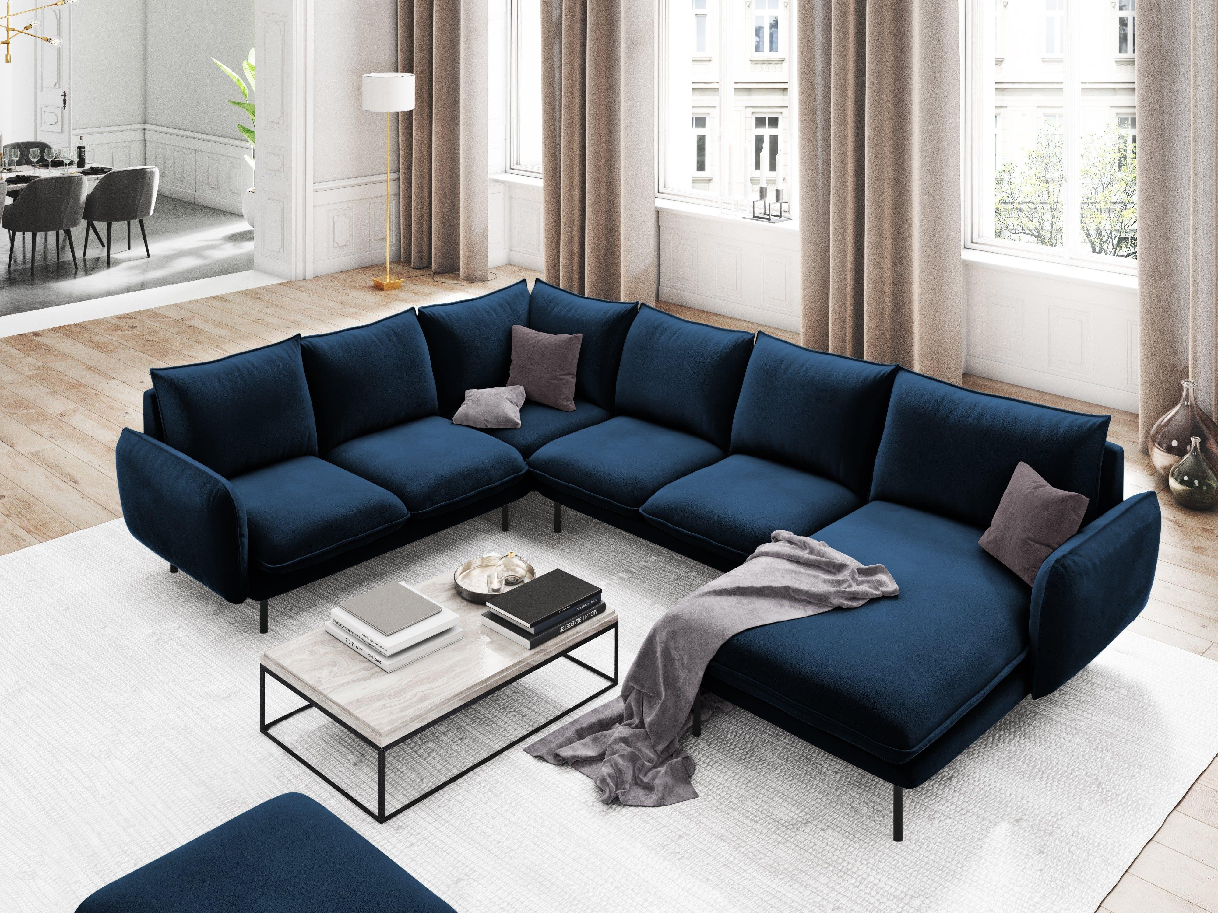 Narożnik lewostronny aksamitny panoramiczny VIENNA niebieski z czarną podstawą Cosmopolitan Design Eye on Design
