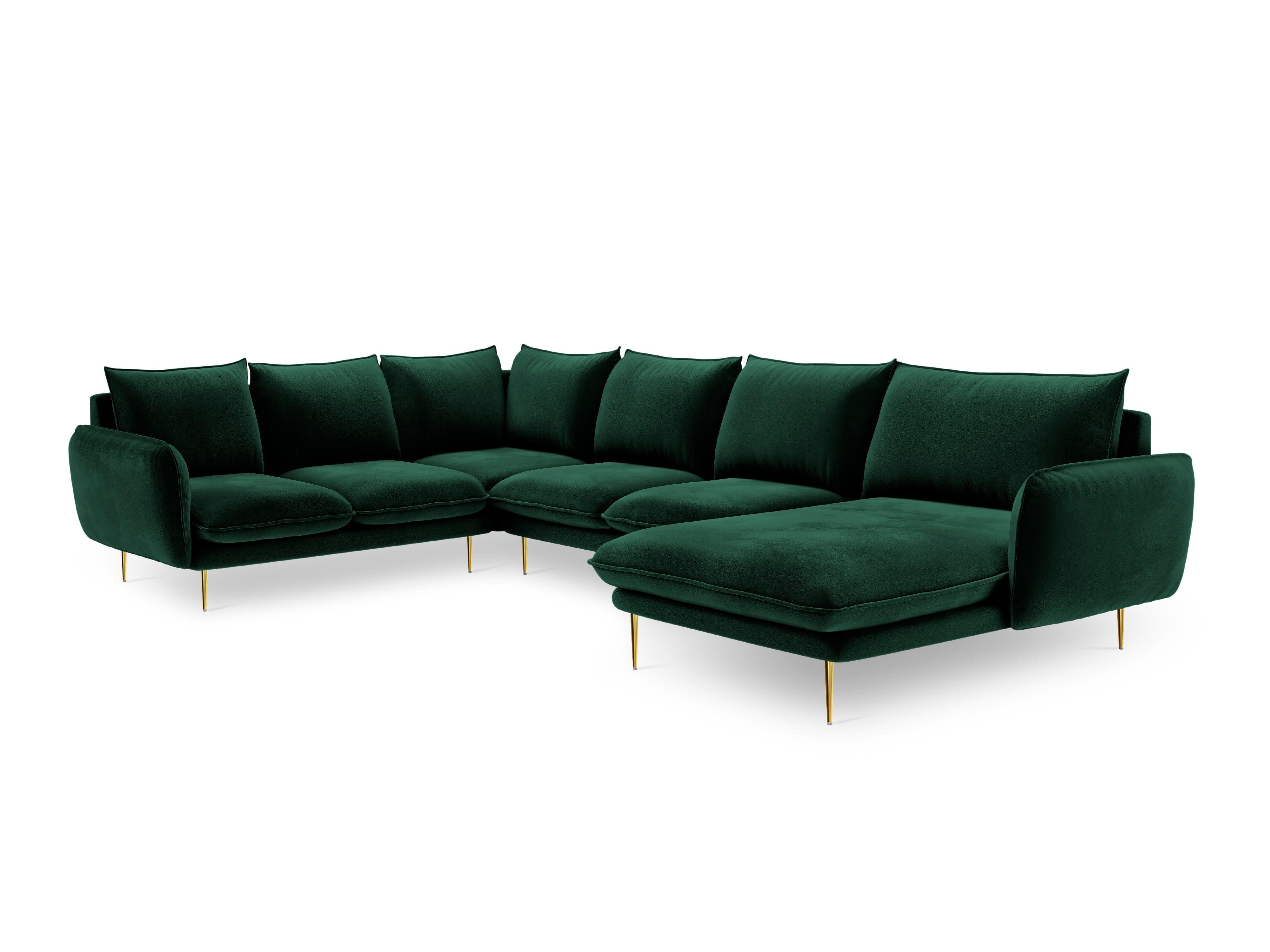 Narożnik lewostronny aksamitny panoramiczny VIENNA zielony ze złotą podstawą Cosmopolitan Design Eye on Design