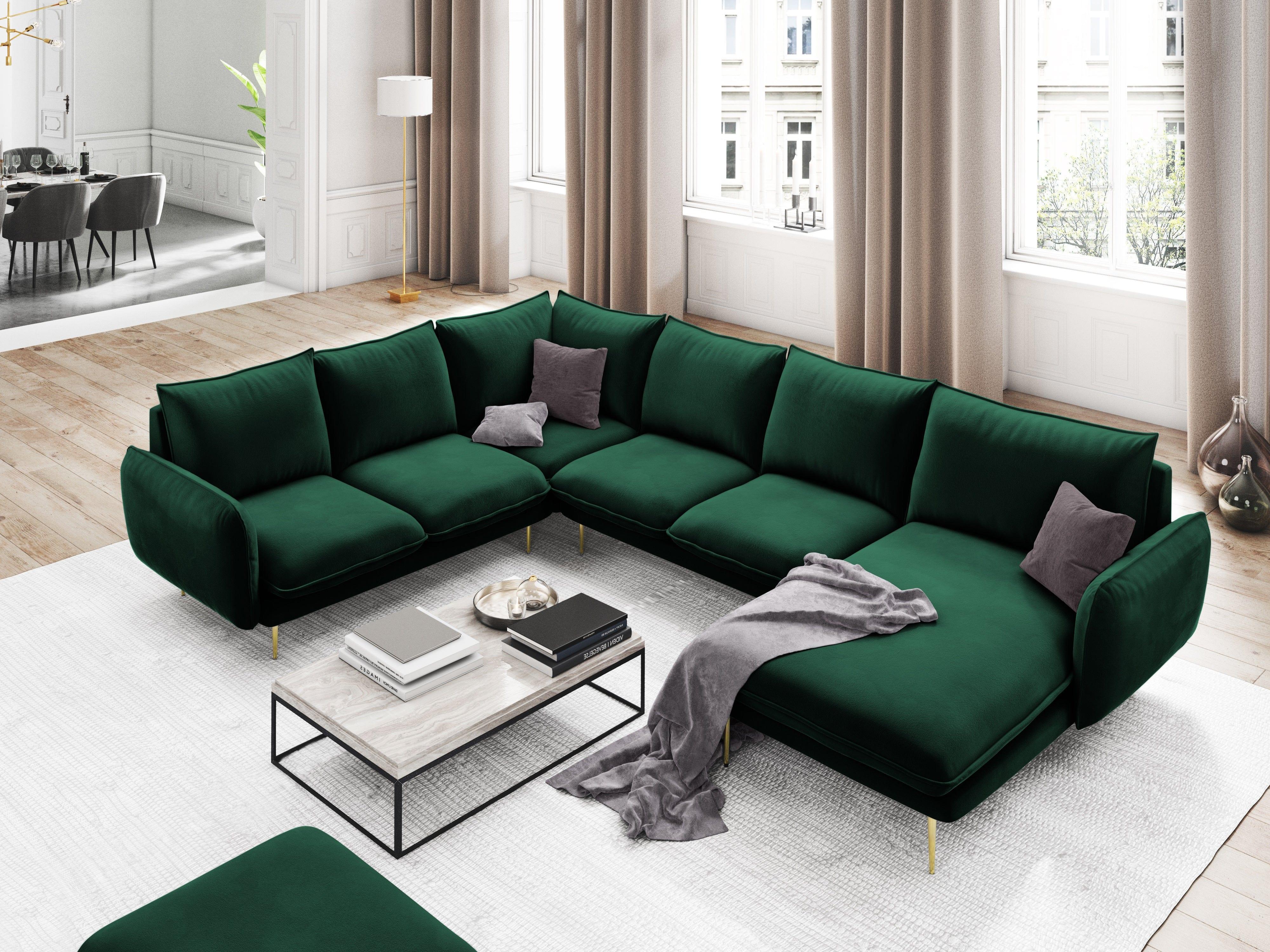 Narożnik lewostronny aksamitny panoramiczny VIENNA zielony ze złotą podstawą Cosmopolitan Design Eye on Design