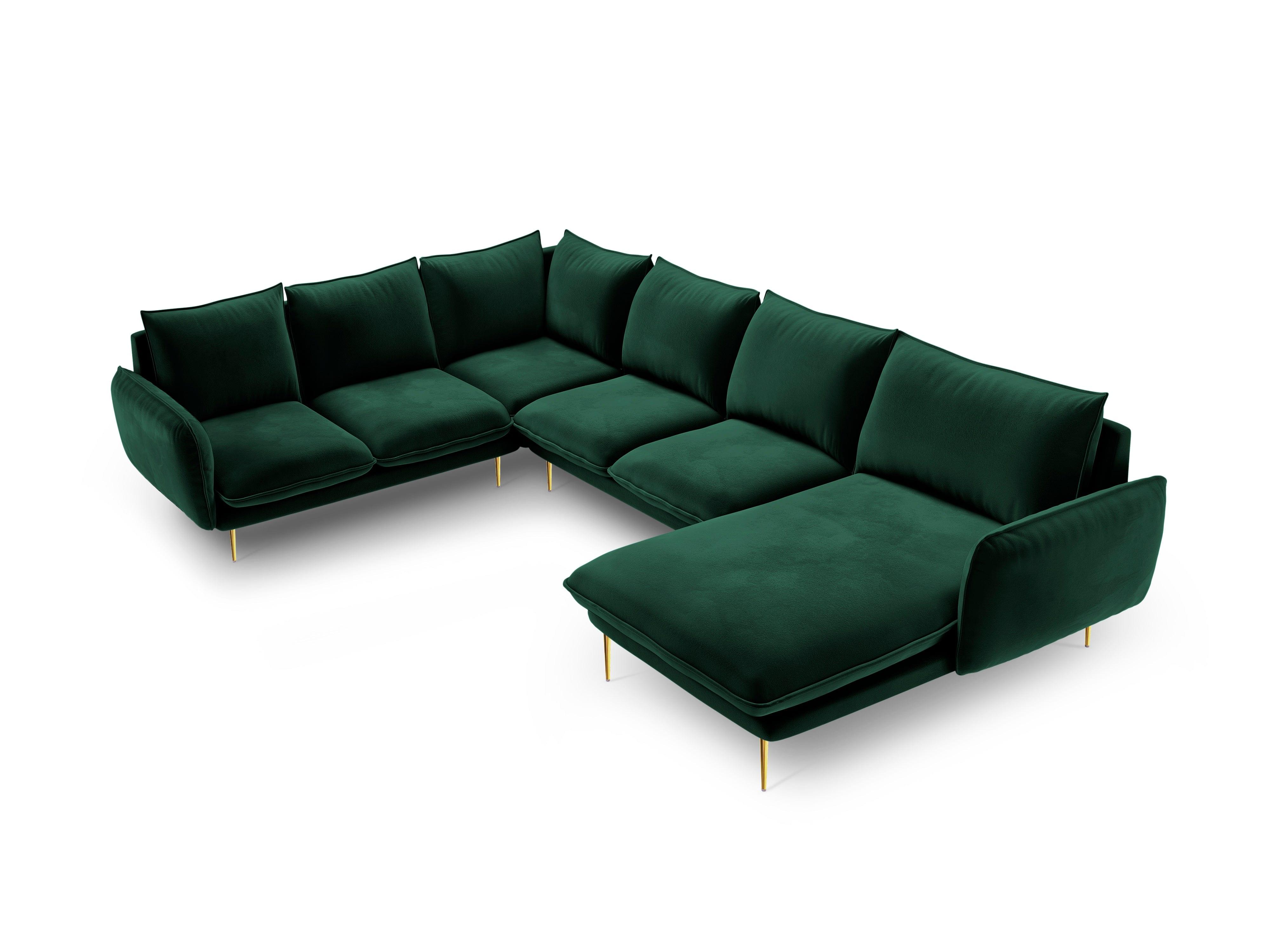 Narożnik lewostronny aksamitny panoramiczny VIENNA zielony ze złotą podstawą Cosmopolitan Design Eye on Design