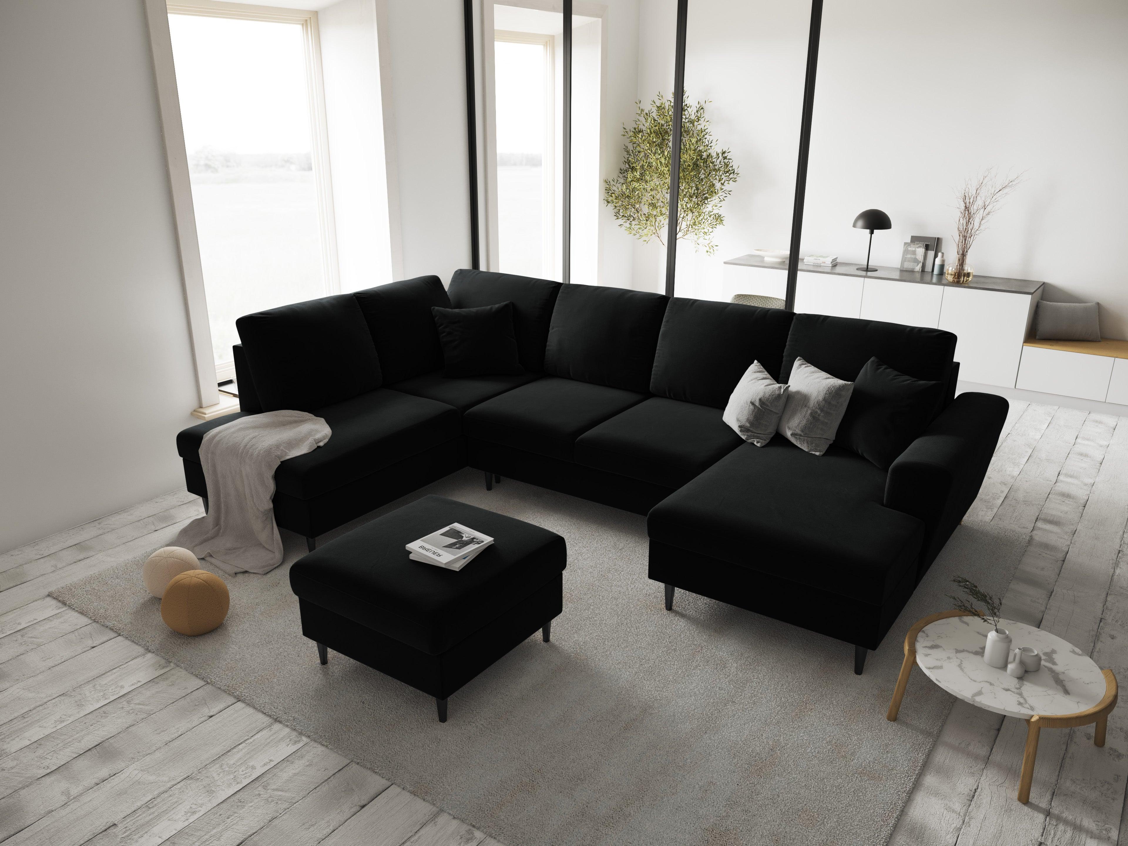 Narożnik lewostronny aksamitny panoramiczny z funkcją spania KYOTO czarny z czarną podstawą Cosmopolitan Design Eye on Design