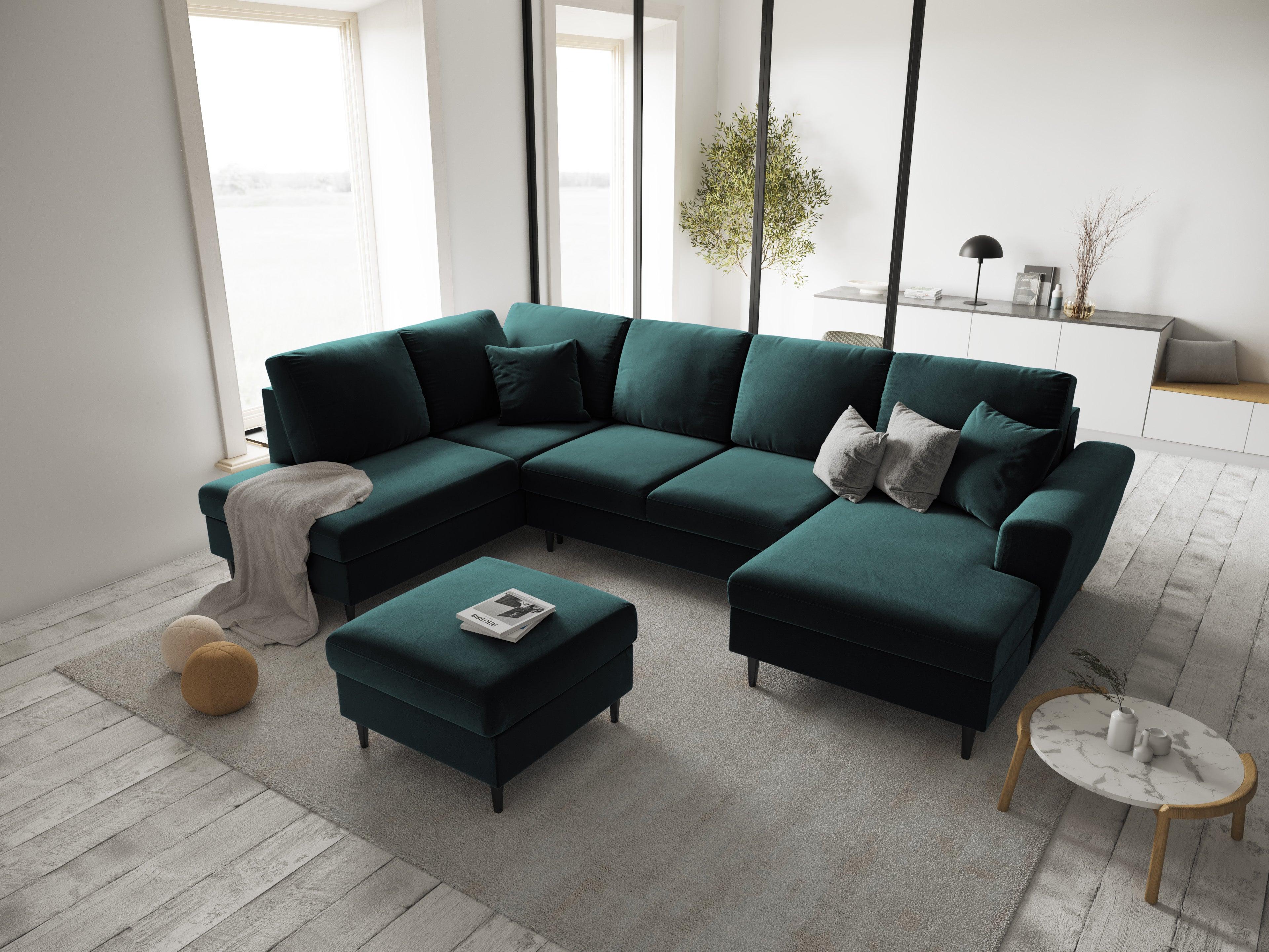 Narożnik lewostronny aksamitny panoramiczny z funkcją spania KYOTO petrol z czarną podstawą Cosmopolitan Design Eye on Design