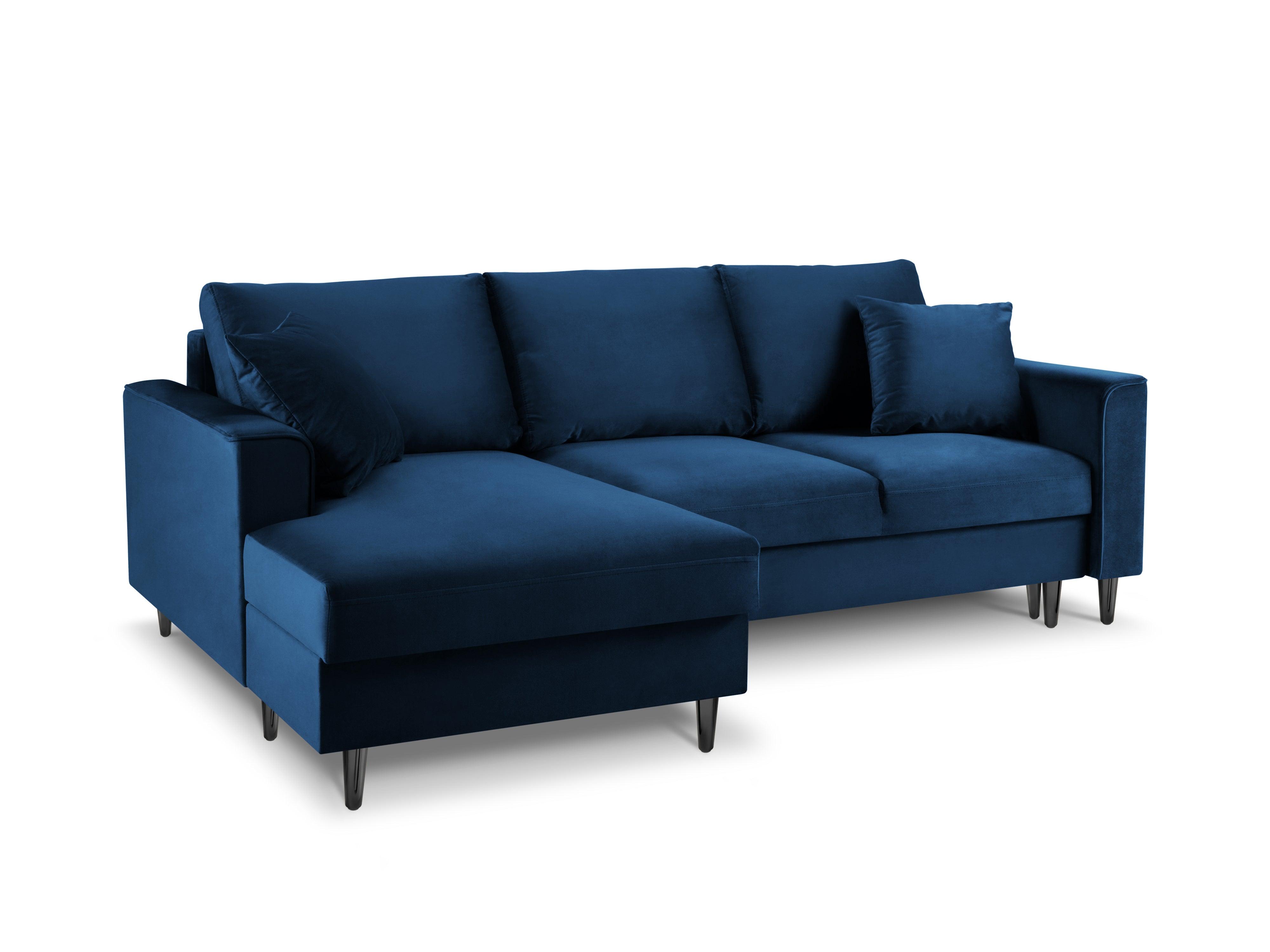 Narożnik lewostronny aksamitny z funkcją spania CARTADERA błękit królewski z czarną podstawą Mazzini Sofas Eye on Design