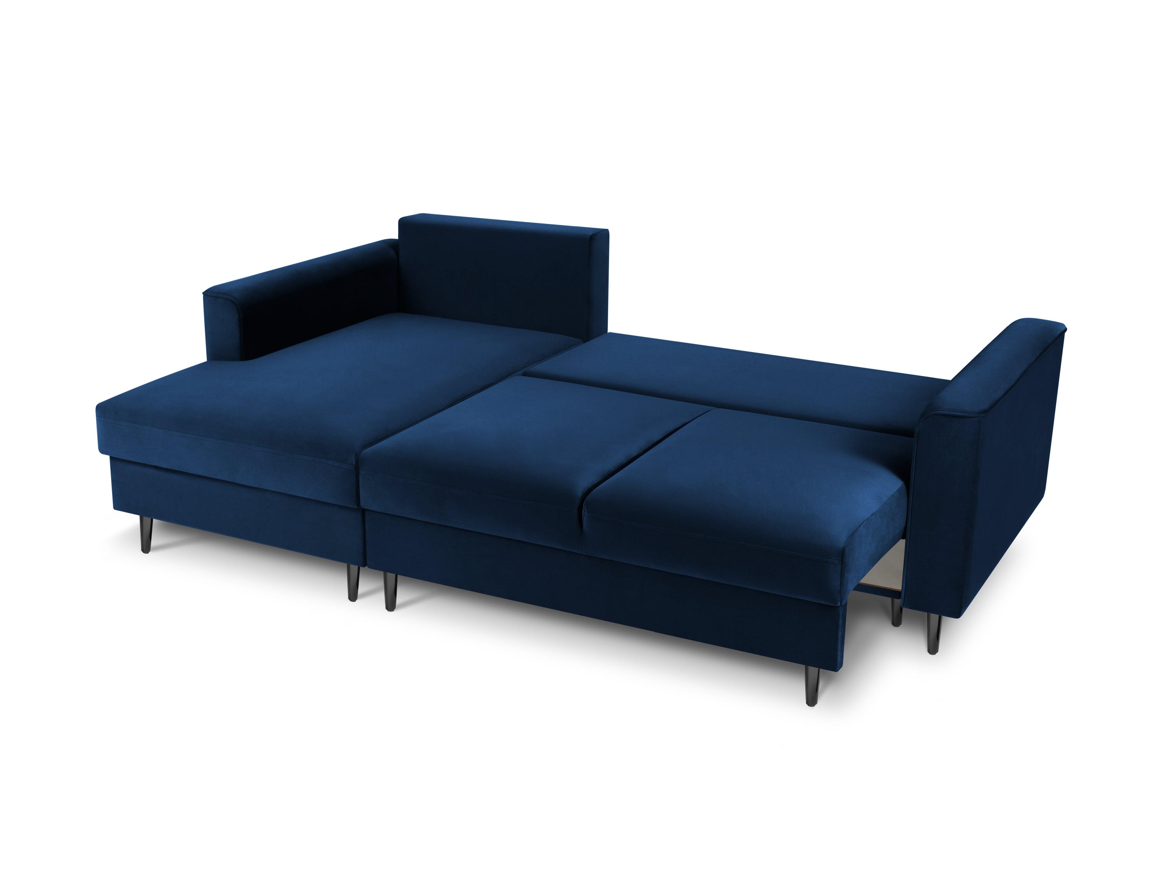 Narożnik lewostronny aksamitny z funkcją spania CARTADERA błękit królewski z czarną podstawą Mazzini Sofas Eye on Design