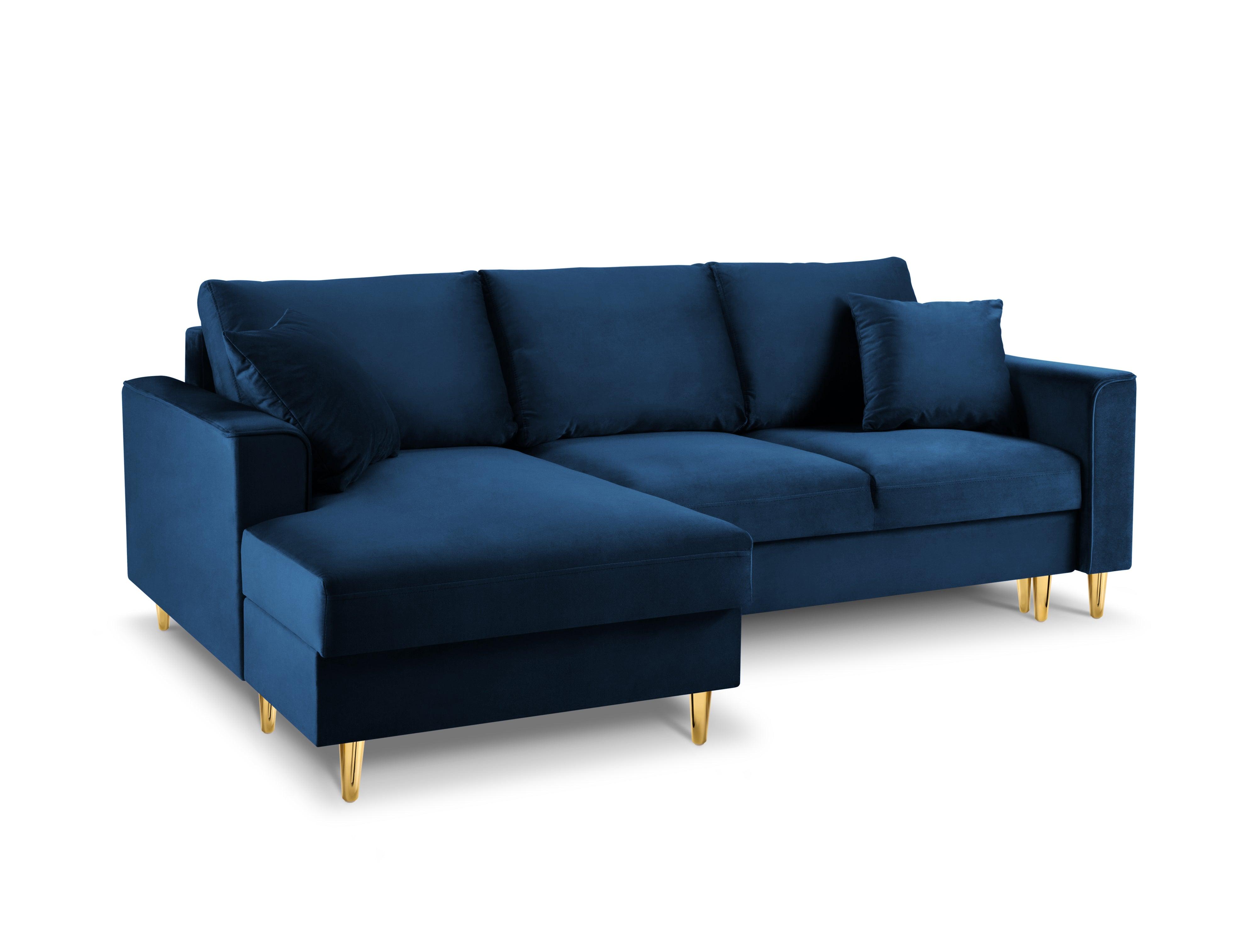Narożnik lewostronny aksamitny z funkcją spania CARTADERA błękit królewski ze złotą podstawą Mazzini Sofas Eye on Design