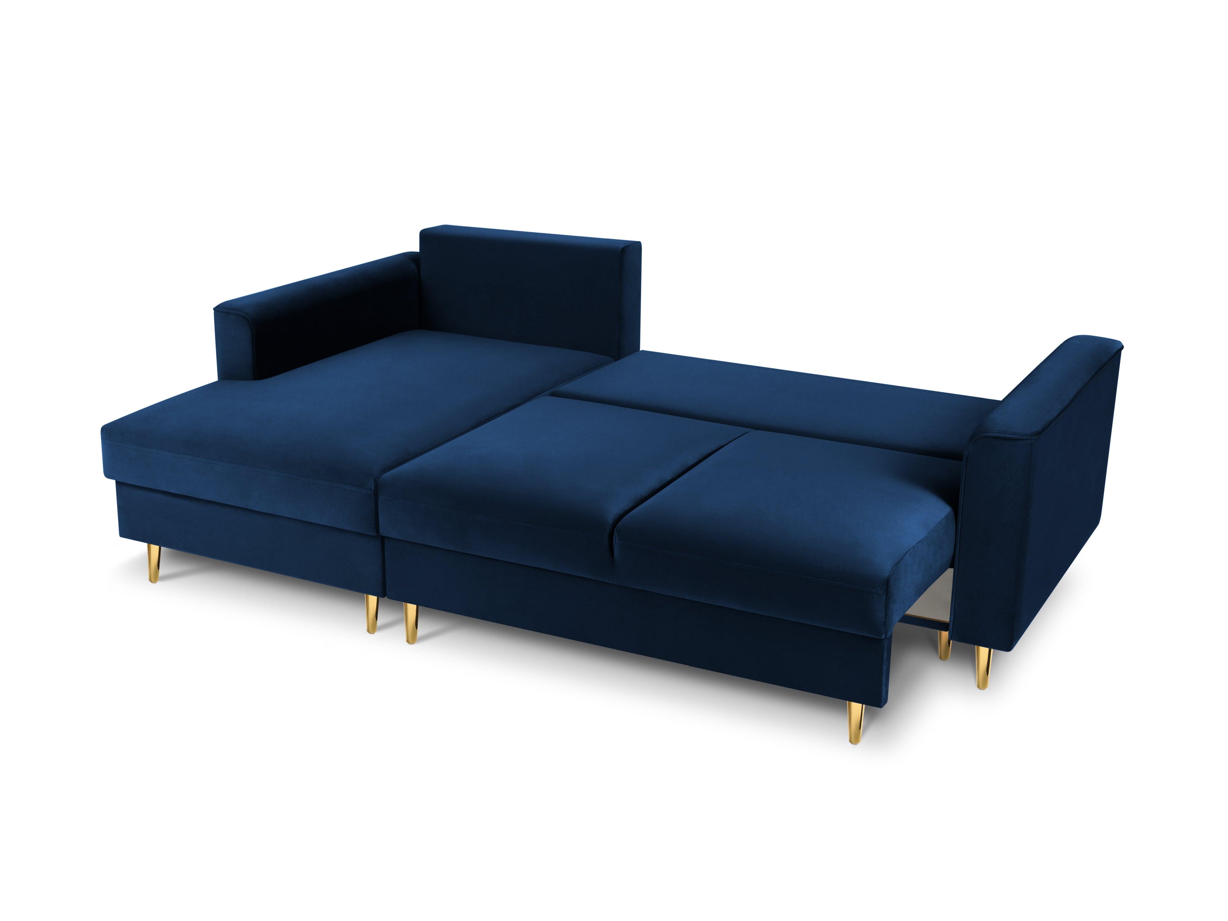 Narożnik lewostronny aksamitny z funkcją spania CARTADERA błękit królewski ze złotą podstawą Mazzini Sofas Eye on Design