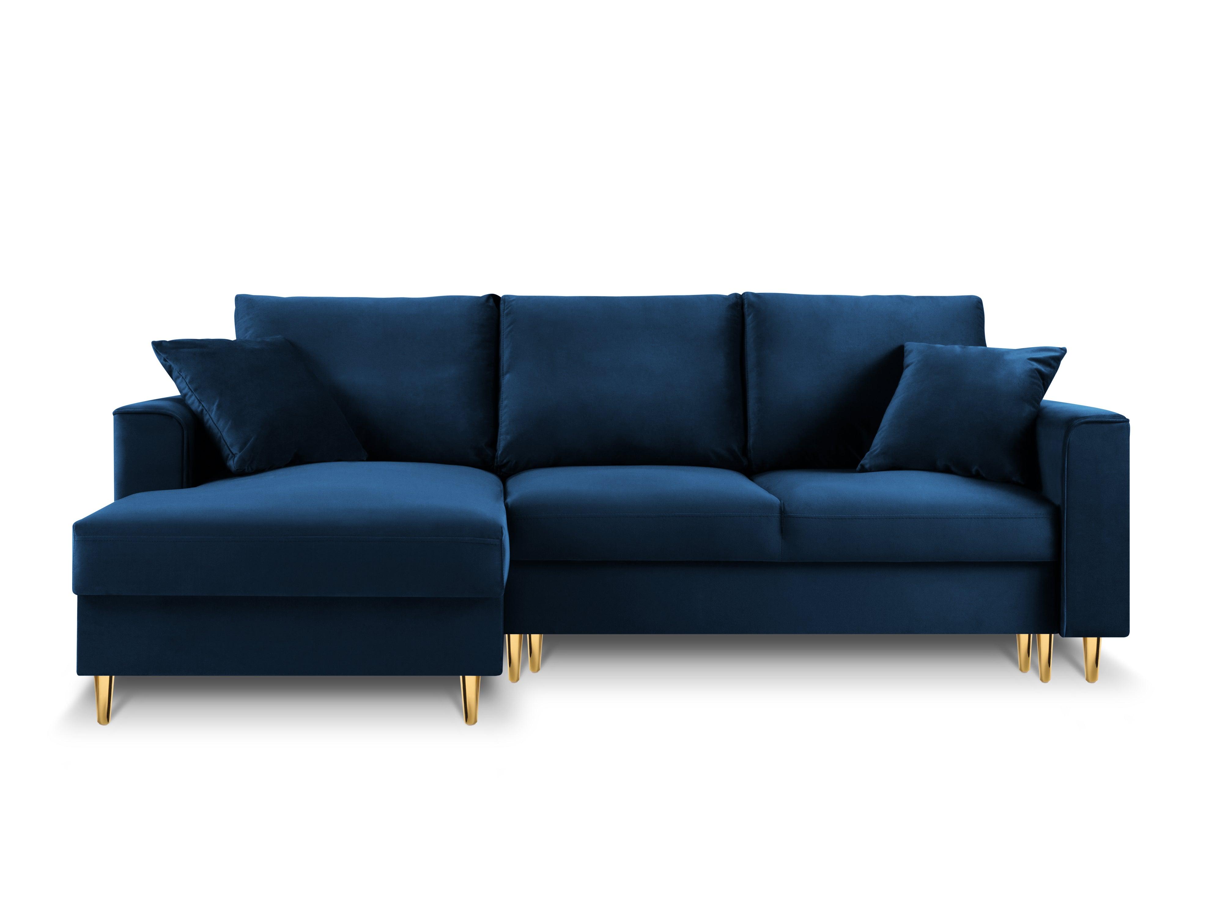 Narożnik lewostronny aksamitny z funkcją spania CARTADERA błękit królewski ze złotą podstawą Mazzini Sofas Eye on Design