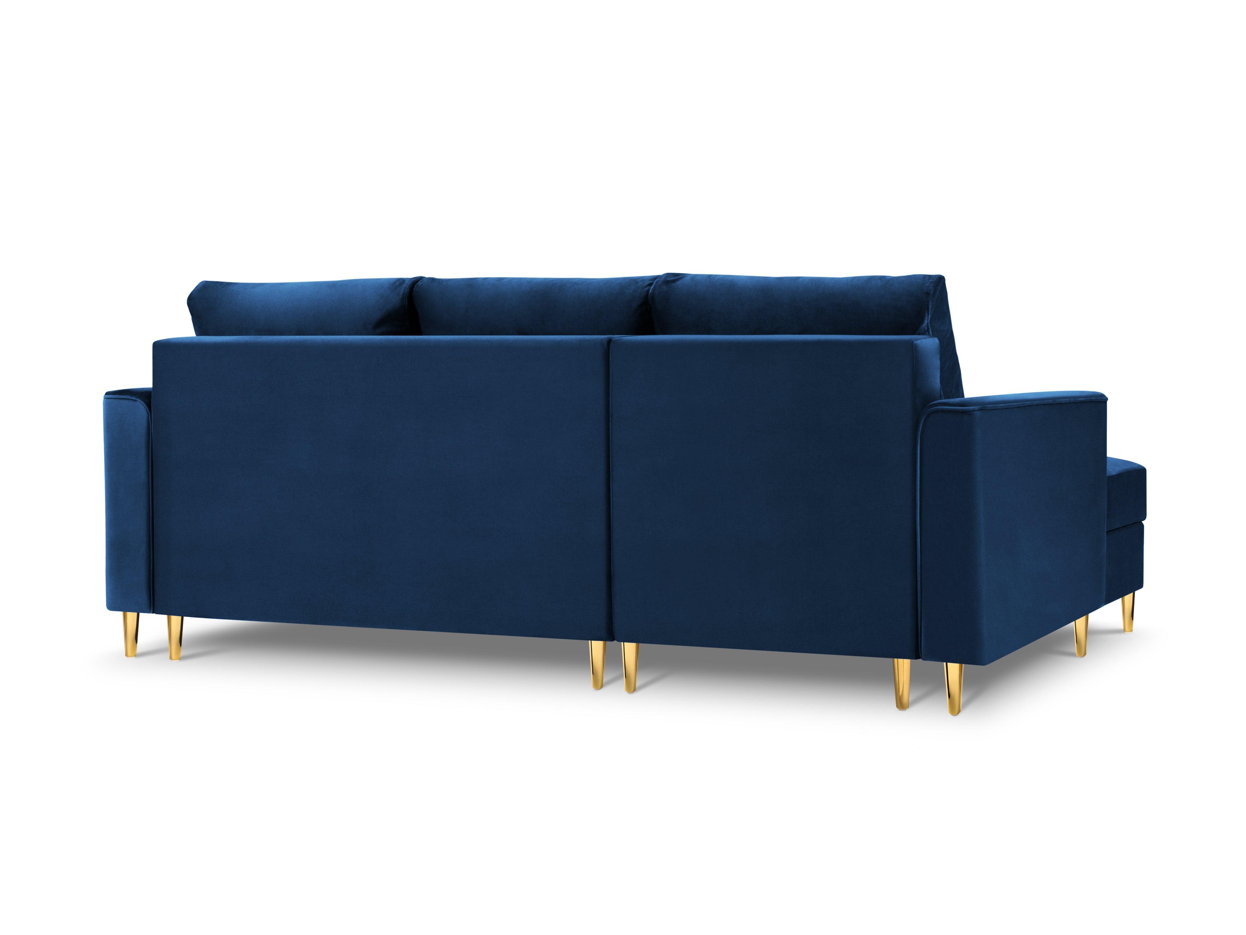 Narożnik lewostronny aksamitny z funkcją spania CARTADERA błękit królewski ze złotą podstawą Mazzini Sofas Eye on Design