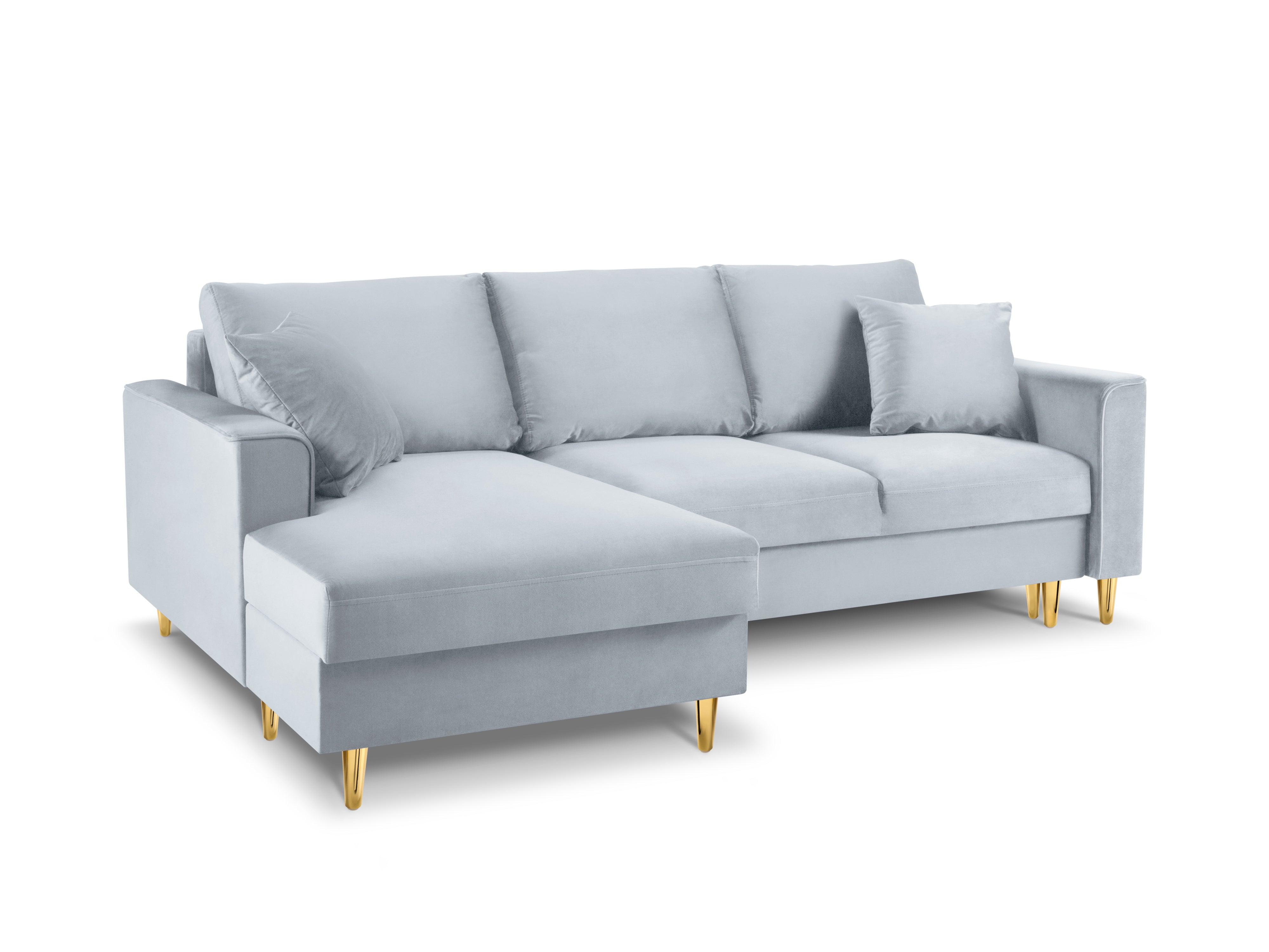 Narożnik lewostronny aksamitny z funkcją spania CARTADERA błękitny ze złotą podstawą Mazzini Sofas Eye on Design