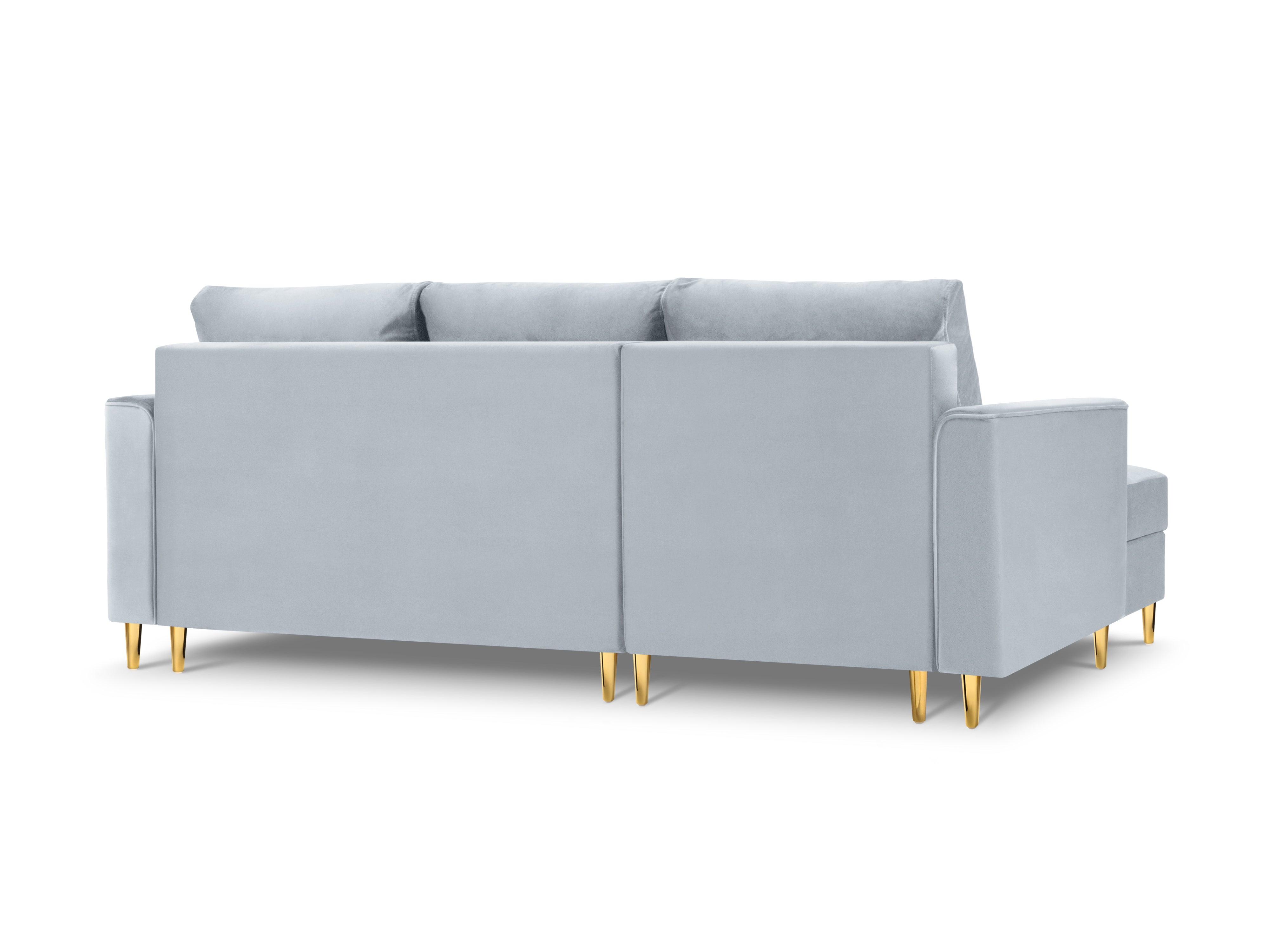 Narożnik lewostronny aksamitny z funkcją spania CARTADERA błękitny ze złotą podstawą Mazzini Sofas Eye on Design