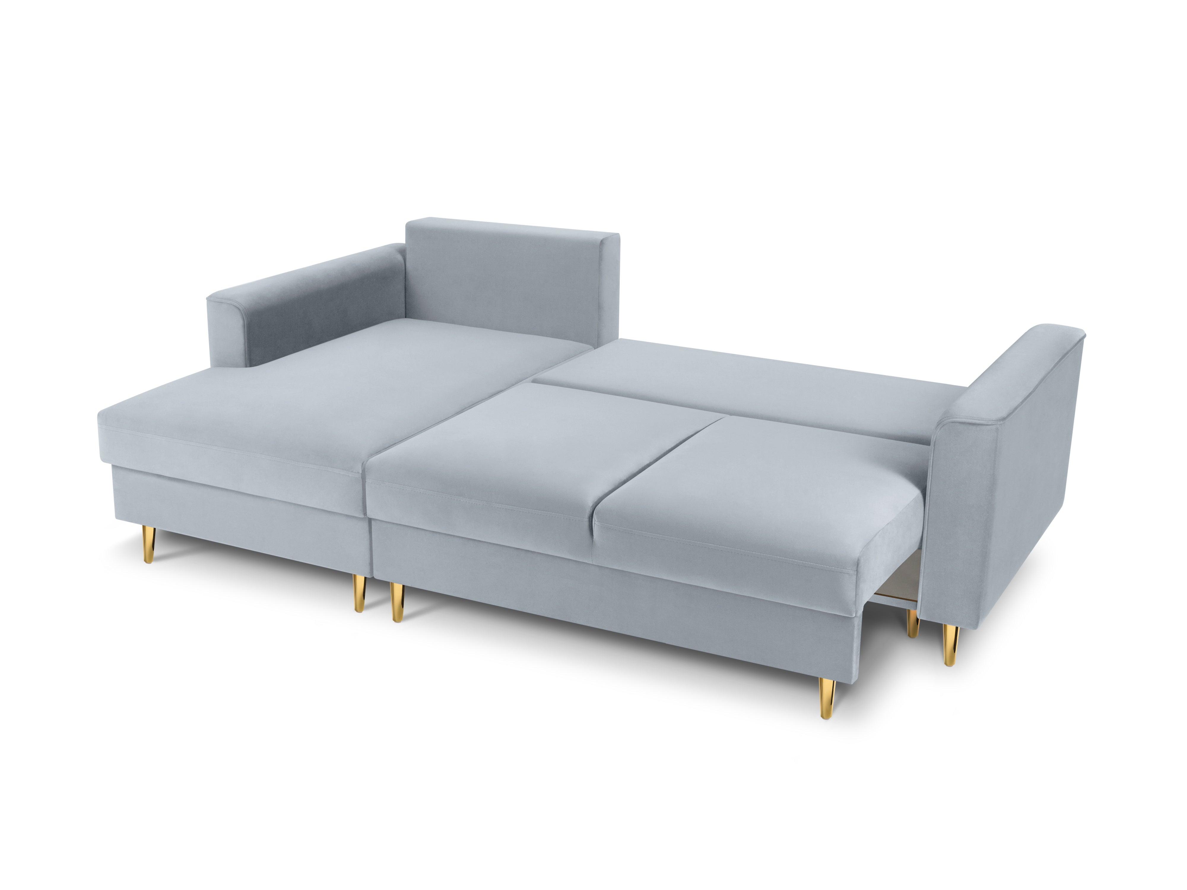 Narożnik lewostronny aksamitny z funkcją spania CARTADERA błękitny ze złotą podstawą Mazzini Sofas Eye on Design