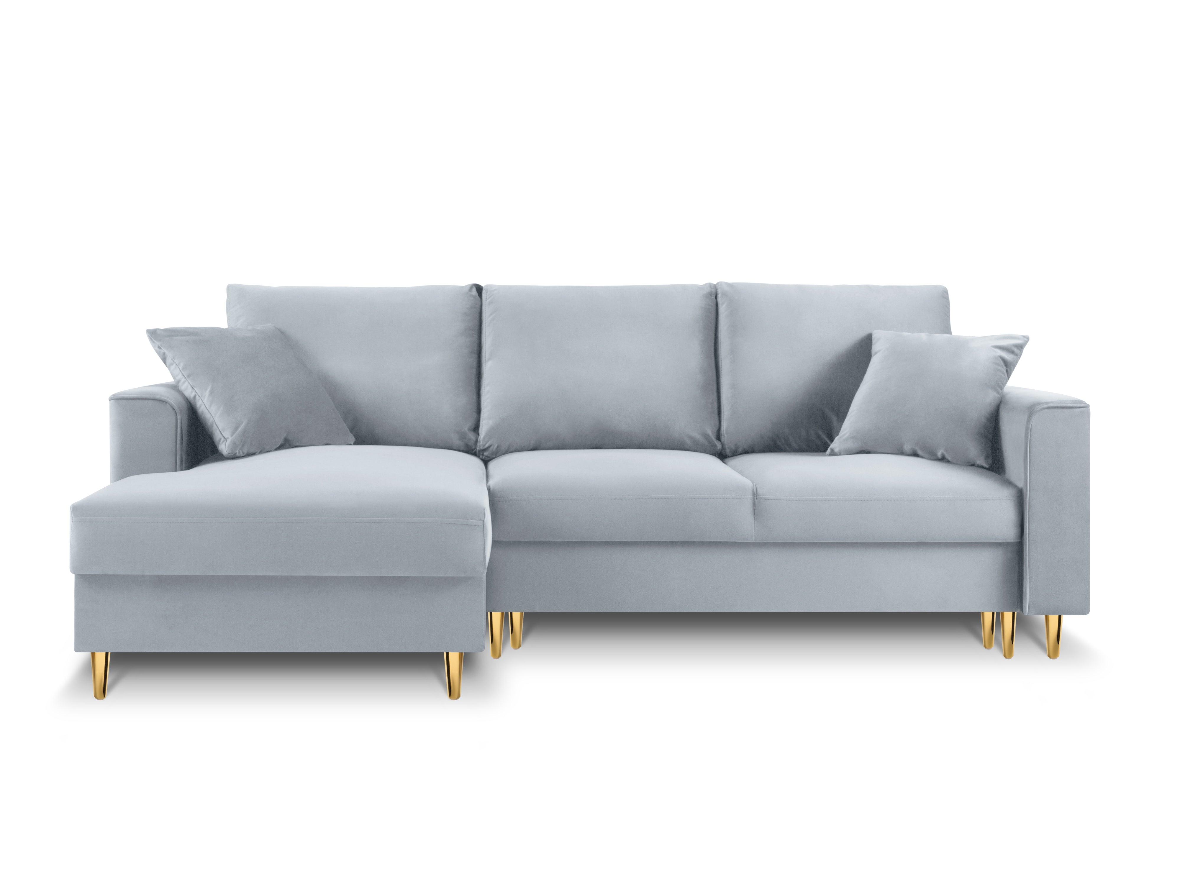 Narożnik lewostronny aksamitny z funkcją spania CARTADERA błękitny ze złotą podstawą Mazzini Sofas Eye on Design