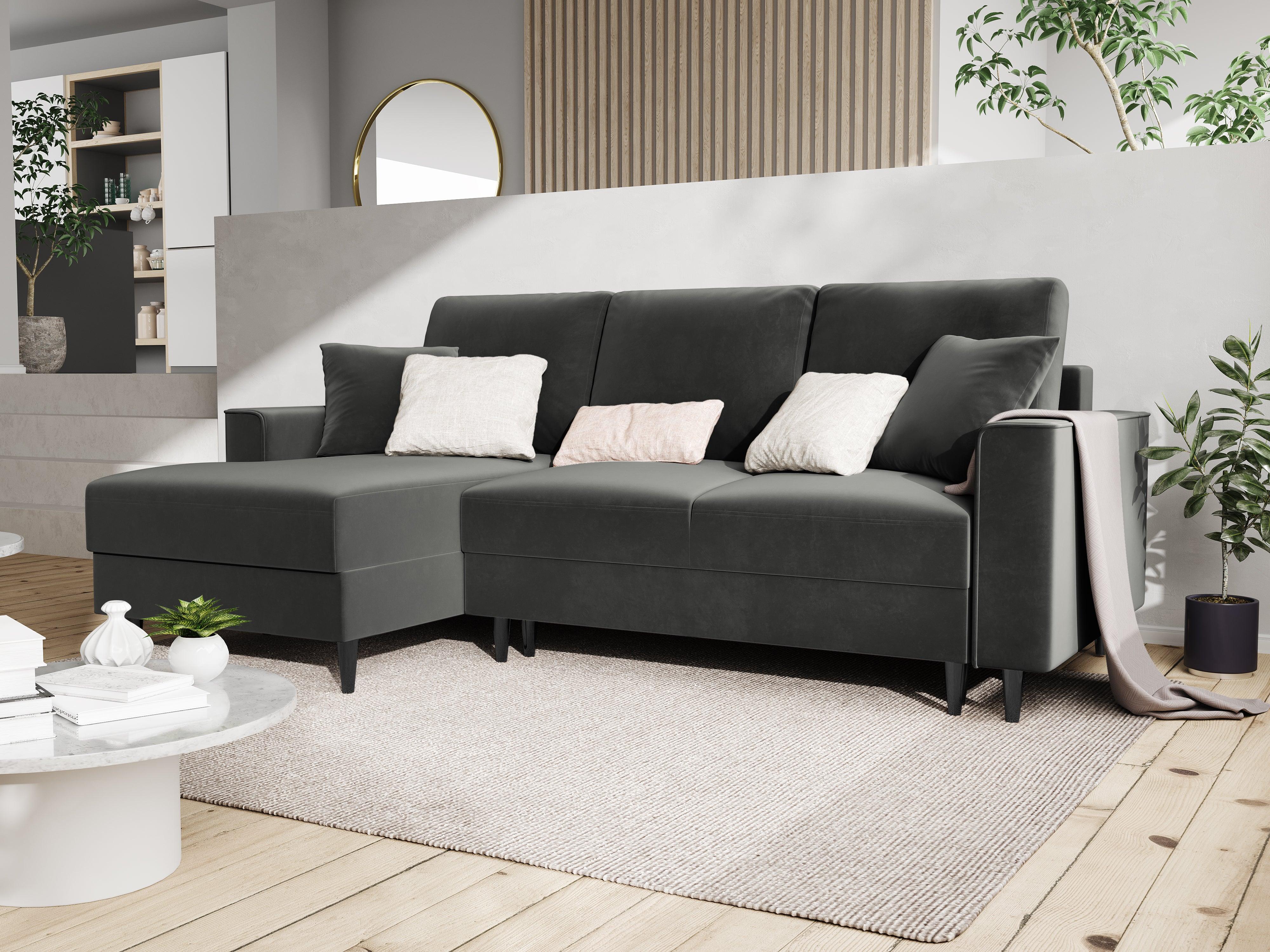 Narożnik lewostronny aksamitny z funkcją spania CARTADERA ciemnoszary z czarną podstawą Mazzini Sofas Eye on Design