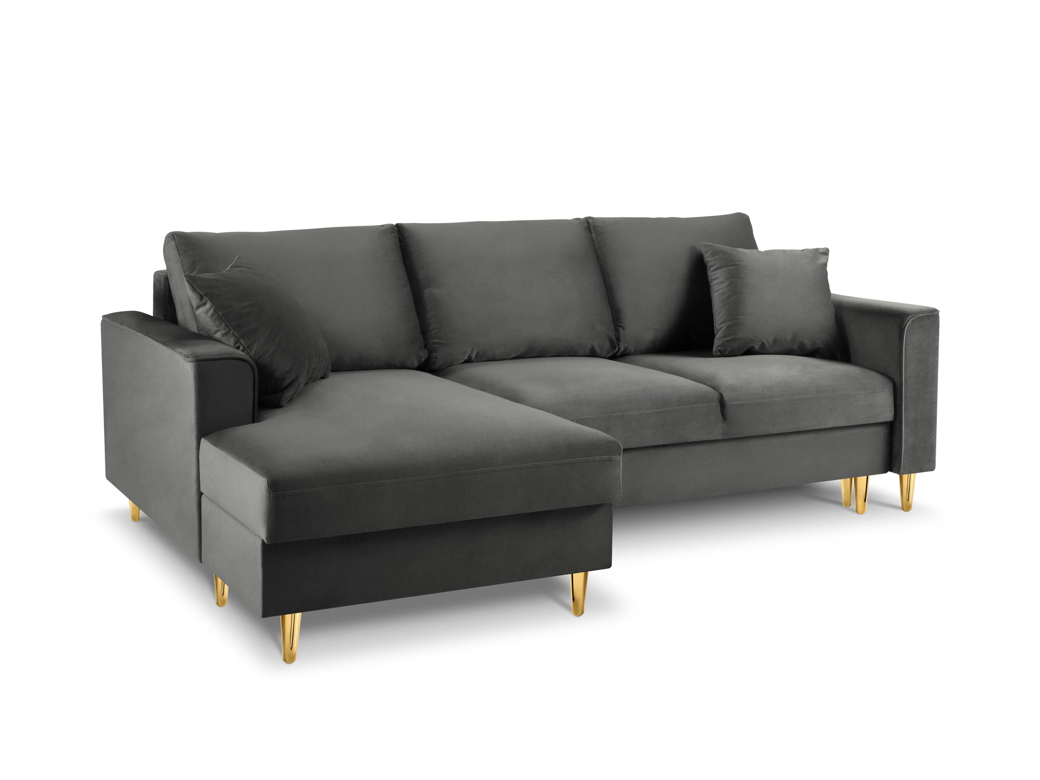 Narożnik lewostronny aksamitny z funkcją spania CARTADERA ciemnoszary ze złotą podstawą Mazzini Sofas Eye on Design