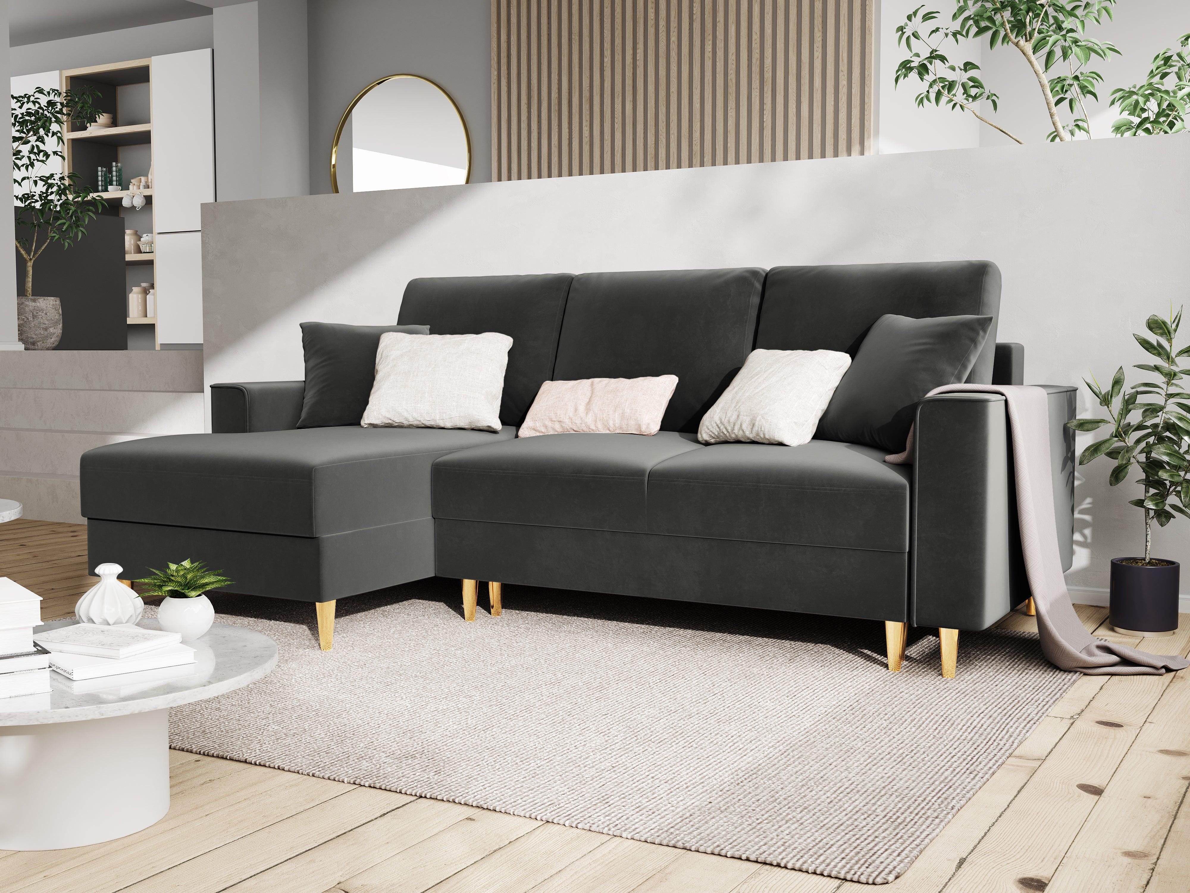 Narożnik lewostronny aksamitny z funkcją spania CARTADERA ciemnoszary ze złotą podstawą Mazzini Sofas Eye on Design