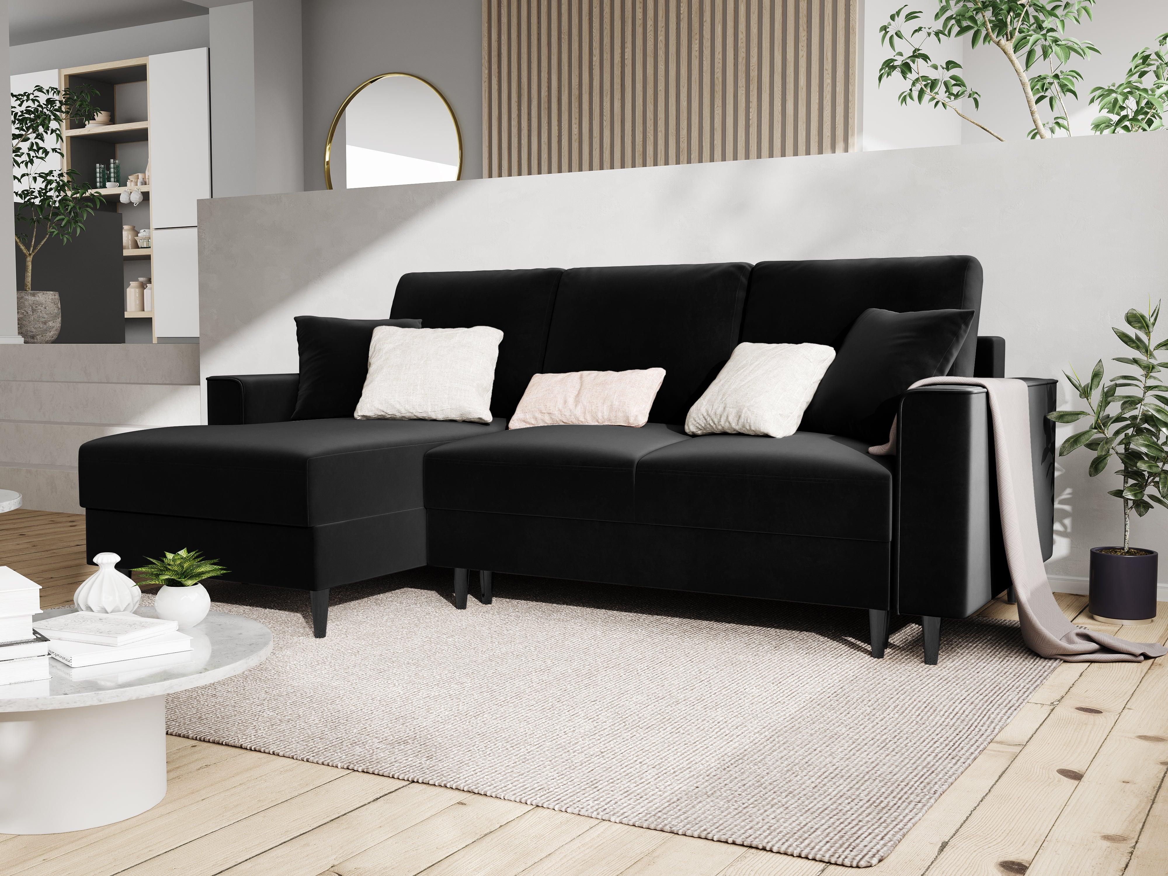 Narożnik lewostronny aksamitny z funkcją spania CARTADERA czarny z czarną podstawą Mazzini Sofas Eye on Design
