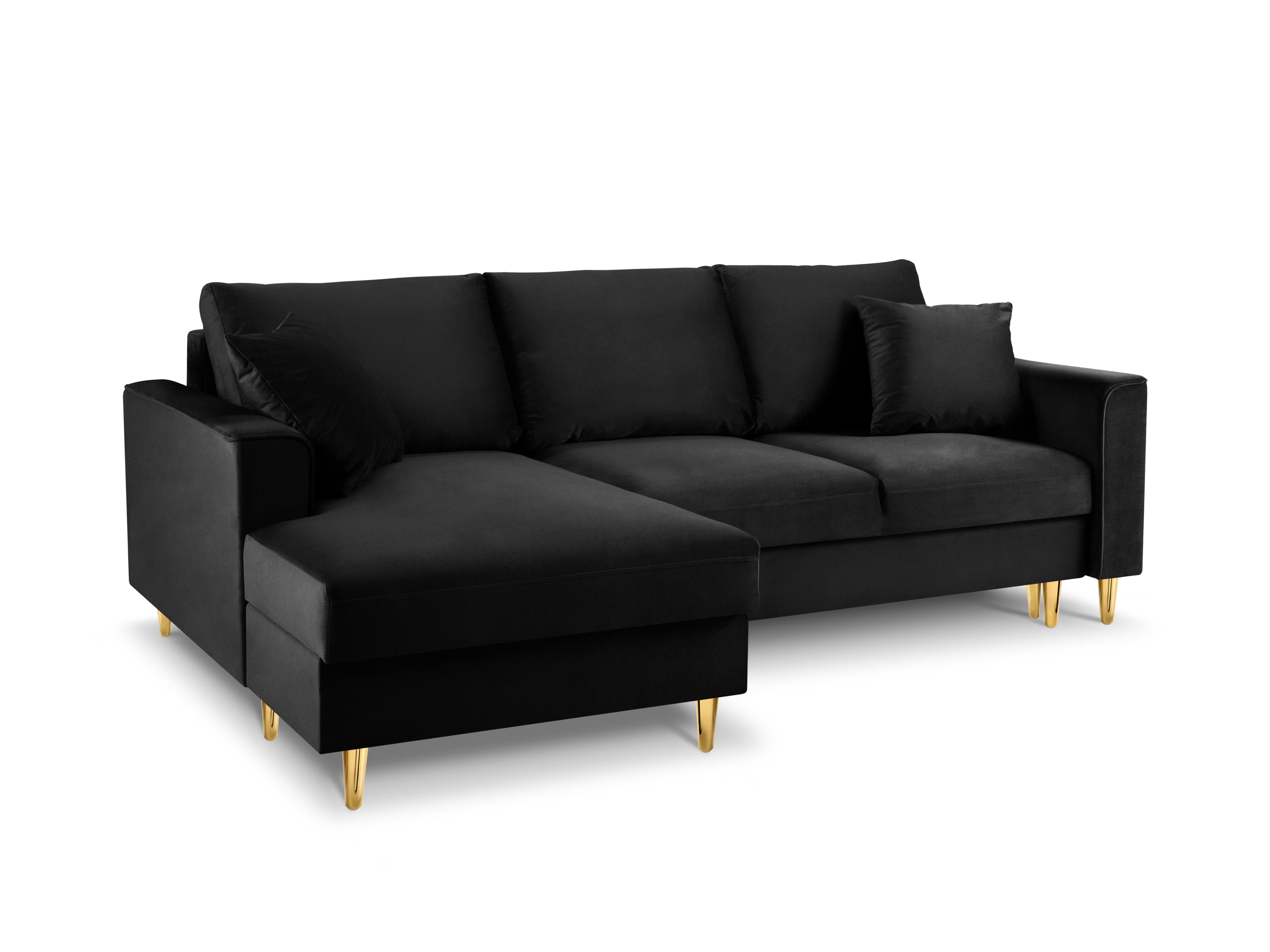 Narożnik lewostronny aksamitny z funkcją spania CARTADERA czarny ze złotą podstawą Mazzini Sofas Eye on Design