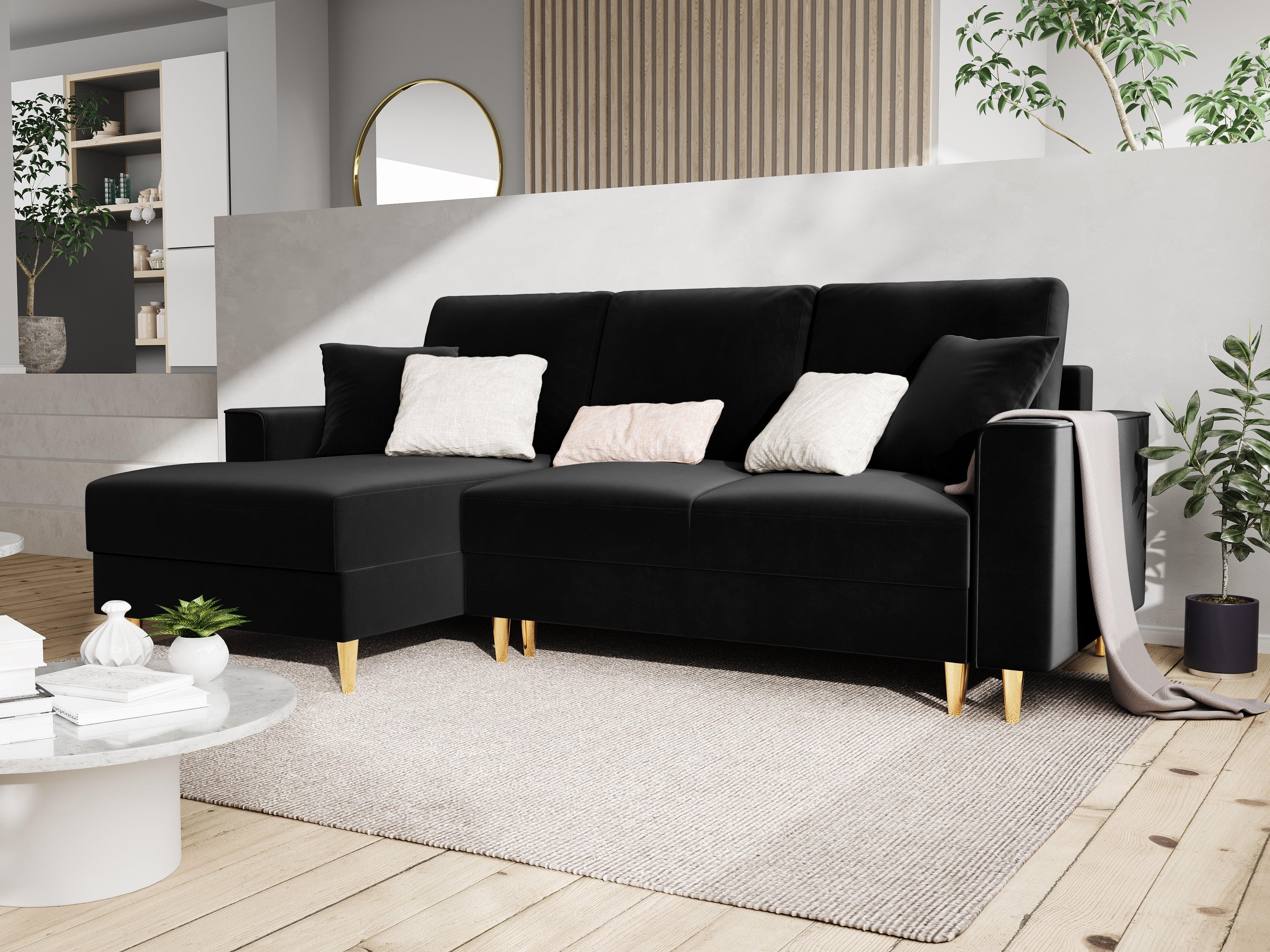 Narożnik lewostronny aksamitny z funkcją spania CARTADERA czarny ze złotą podstawą Mazzini Sofas Eye on Design
