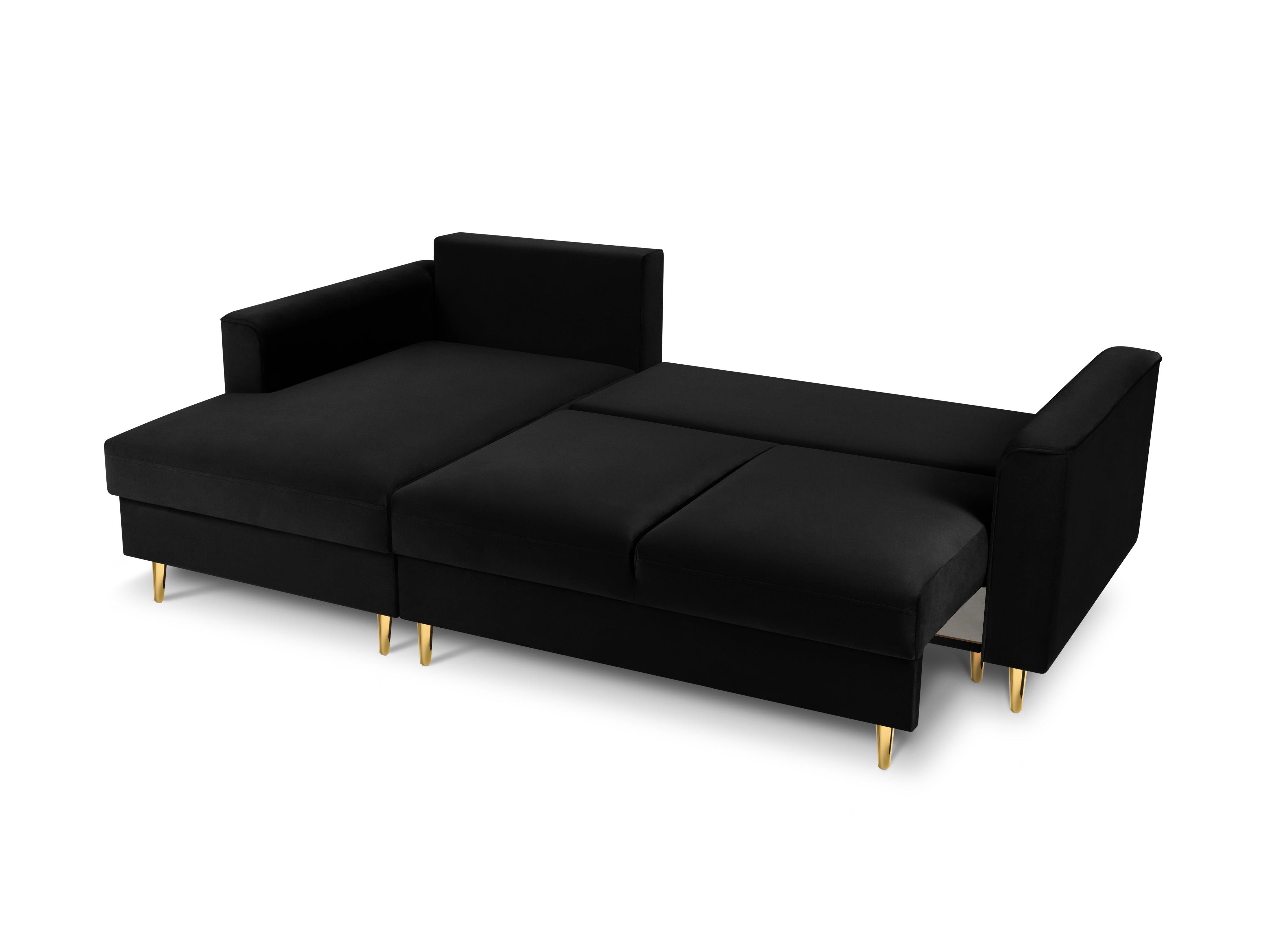 Narożnik lewostronny aksamitny z funkcją spania CARTADERA czarny ze złotą podstawą Mazzini Sofas Eye on Design