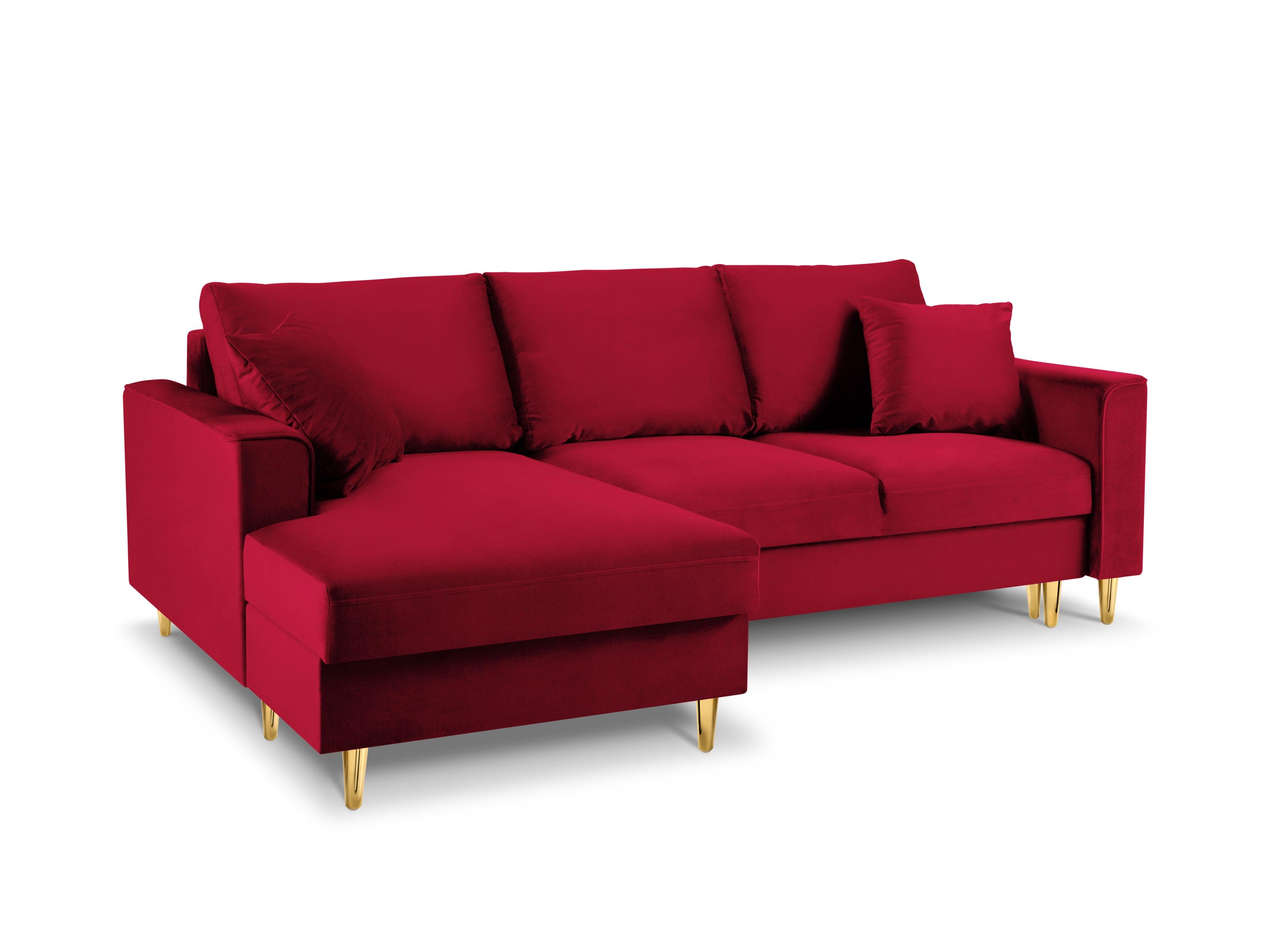 Narożnik lewostronny aksamitny z funkcją spania CARTADERA czerwony ze złotą podstawą Mazzini Sofas Eye on Design
