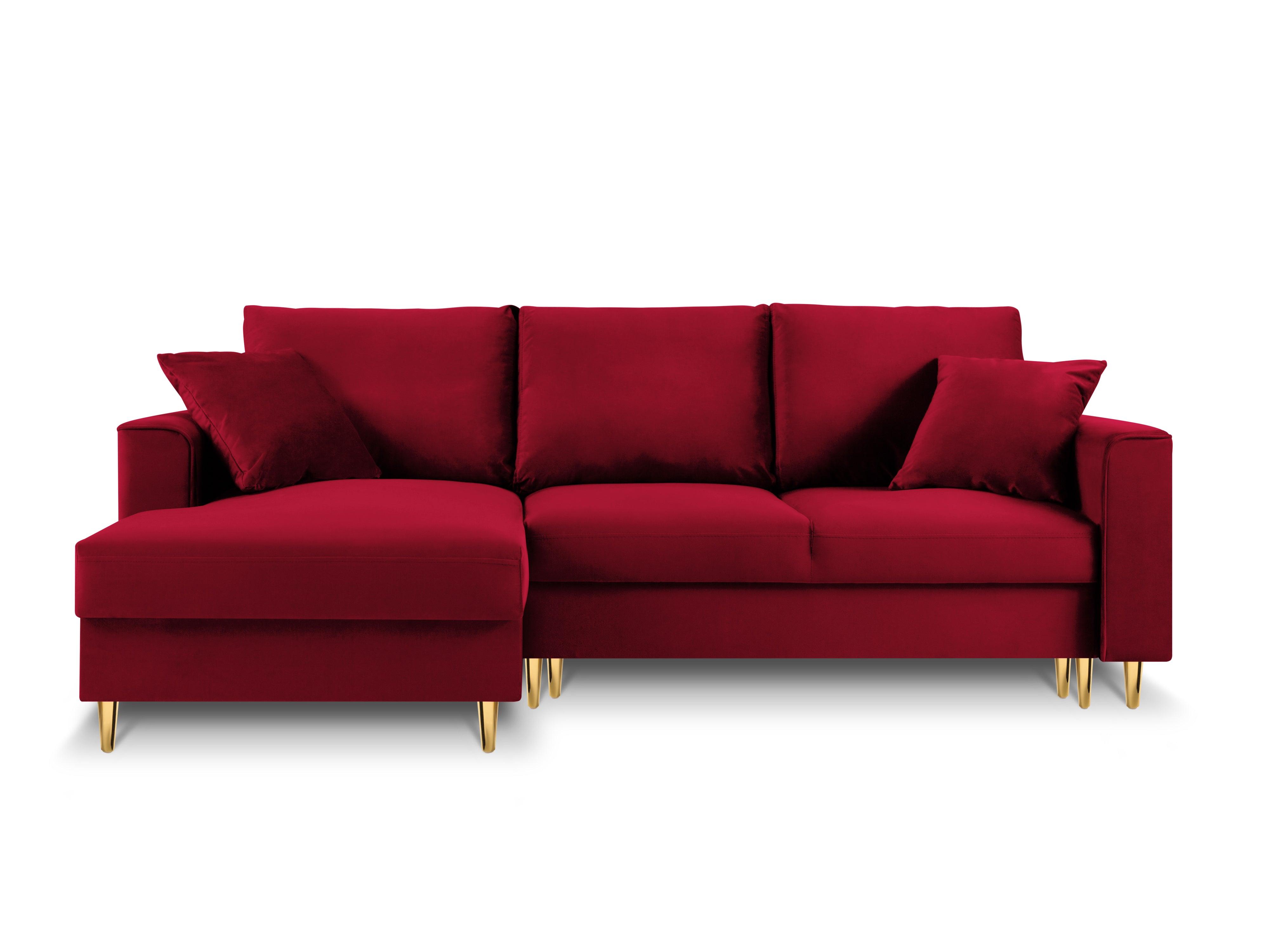 Narożnik lewostronny aksamitny z funkcją spania CARTADERA czerwony ze złotą podstawą Mazzini Sofas Eye on Design