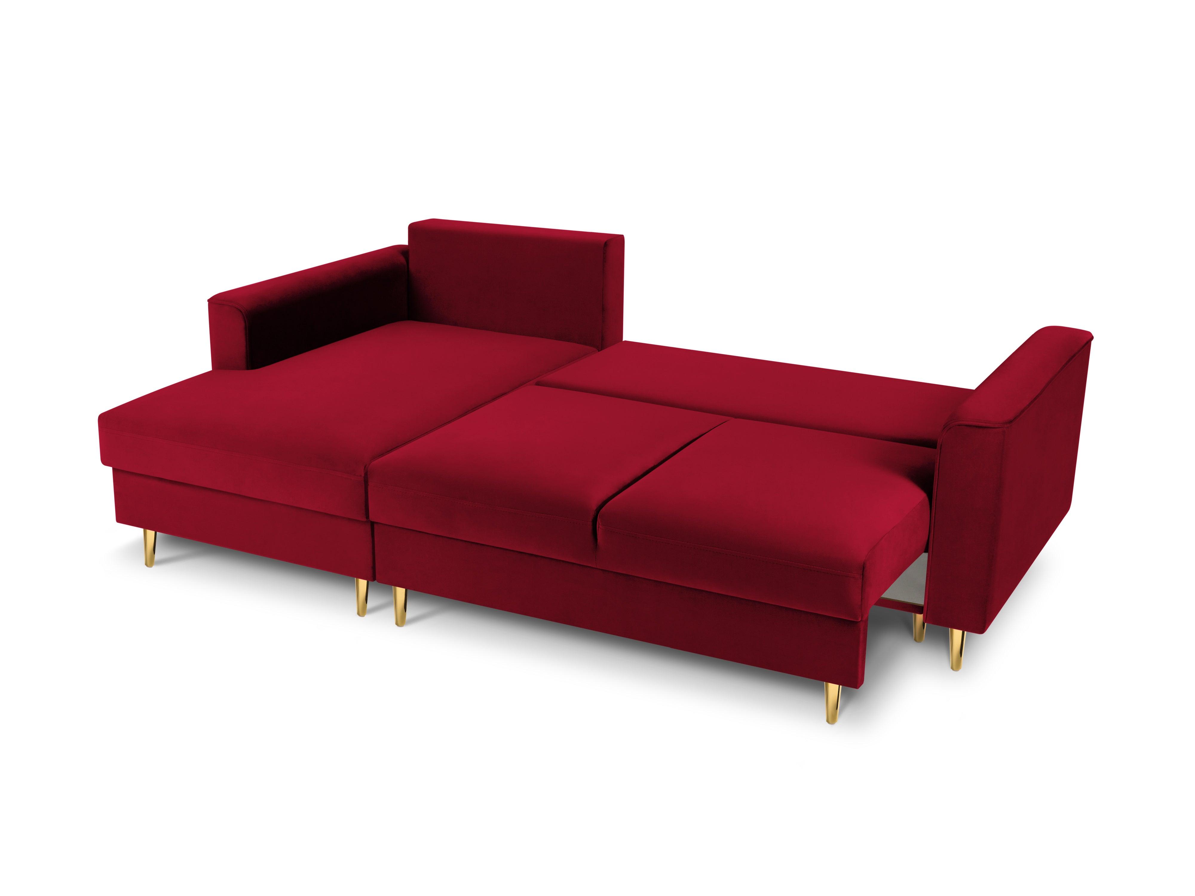 Narożnik lewostronny aksamitny z funkcją spania CARTADERA czerwony ze złotą podstawą Mazzini Sofas Eye on Design