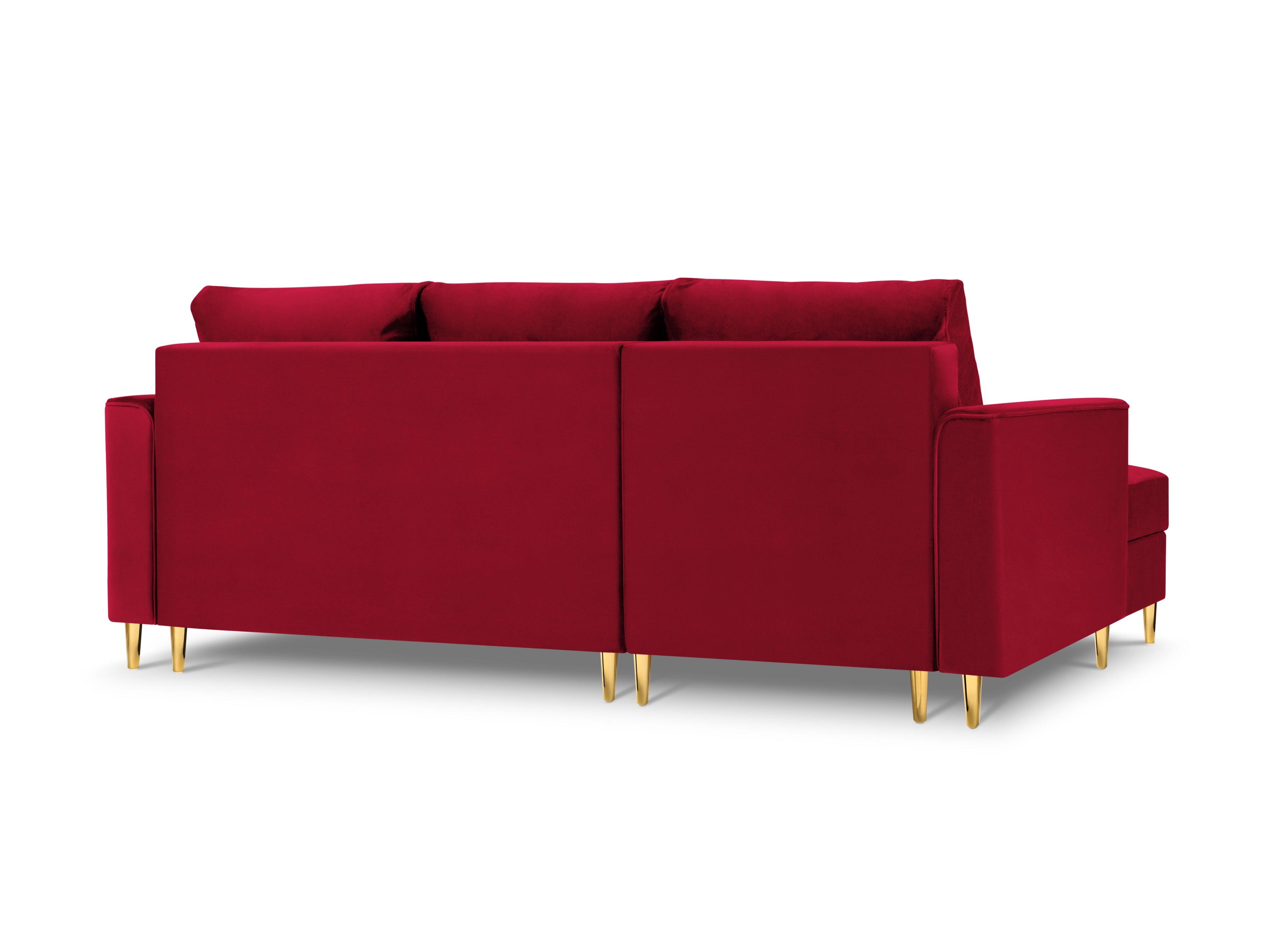 Narożnik lewostronny aksamitny z funkcją spania CARTADERA czerwony ze złotą podstawą Mazzini Sofas Eye on Design