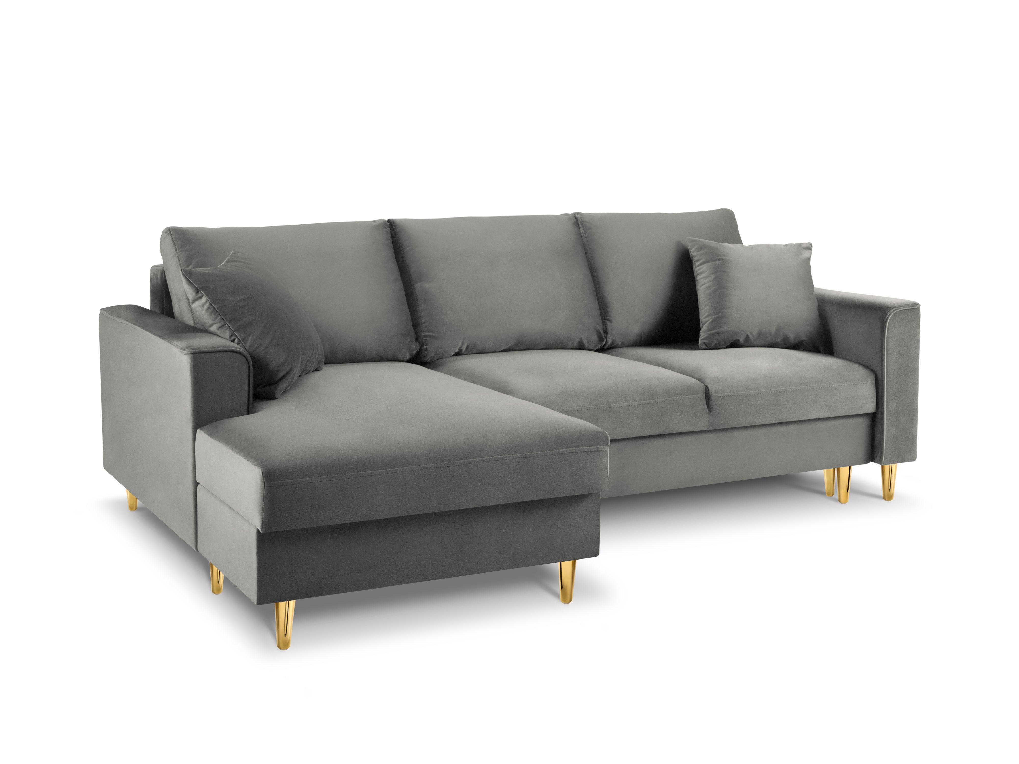 Narożnik lewostronny aksamitny z funkcją spania CARTADERA jasnoszary ze złotą podstawą Mazzini Sofas Eye on Design