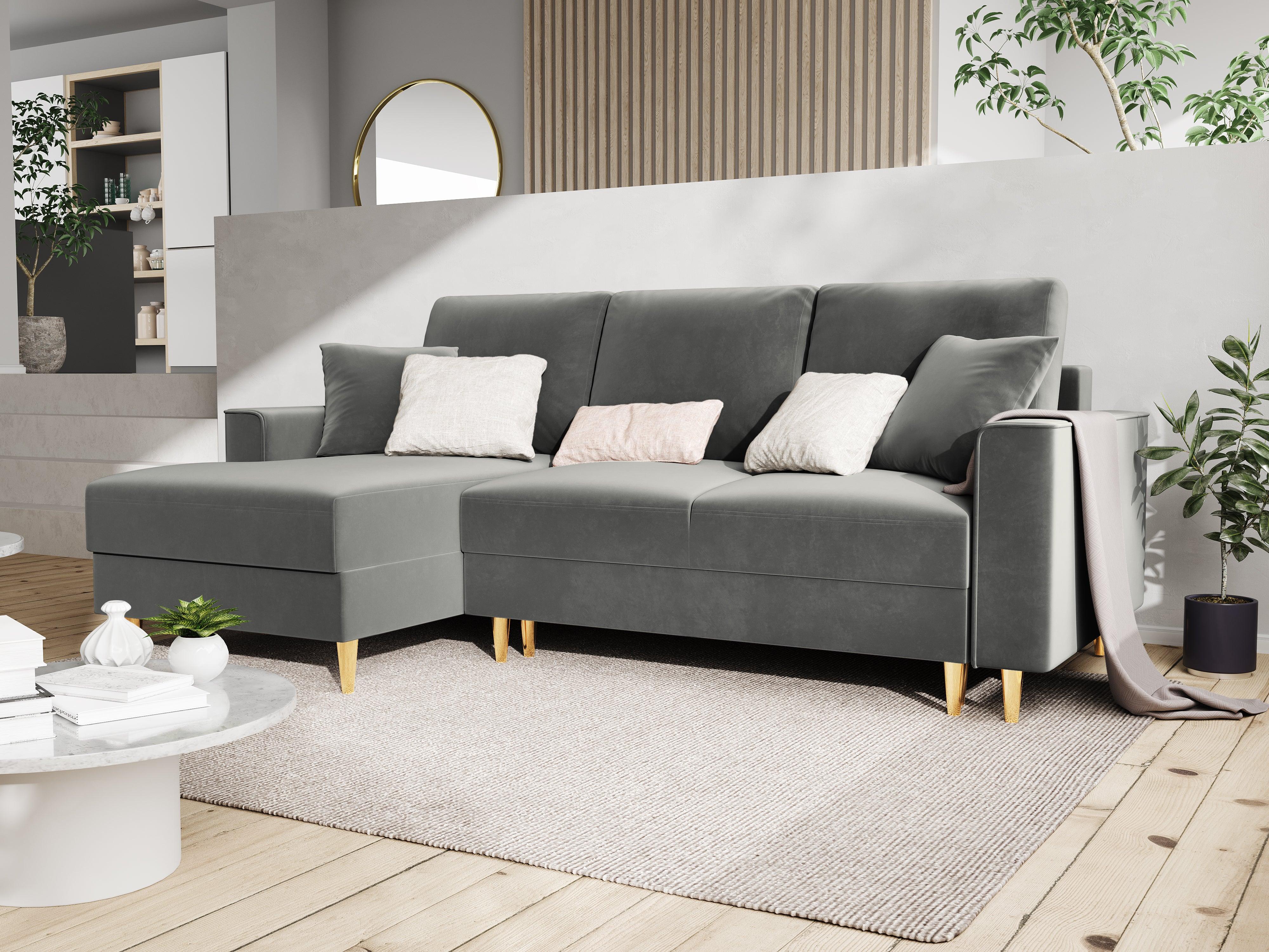 Narożnik lewostronny aksamitny z funkcją spania CARTADERA jasnoszary ze złotą podstawą Mazzini Sofas Eye on Design