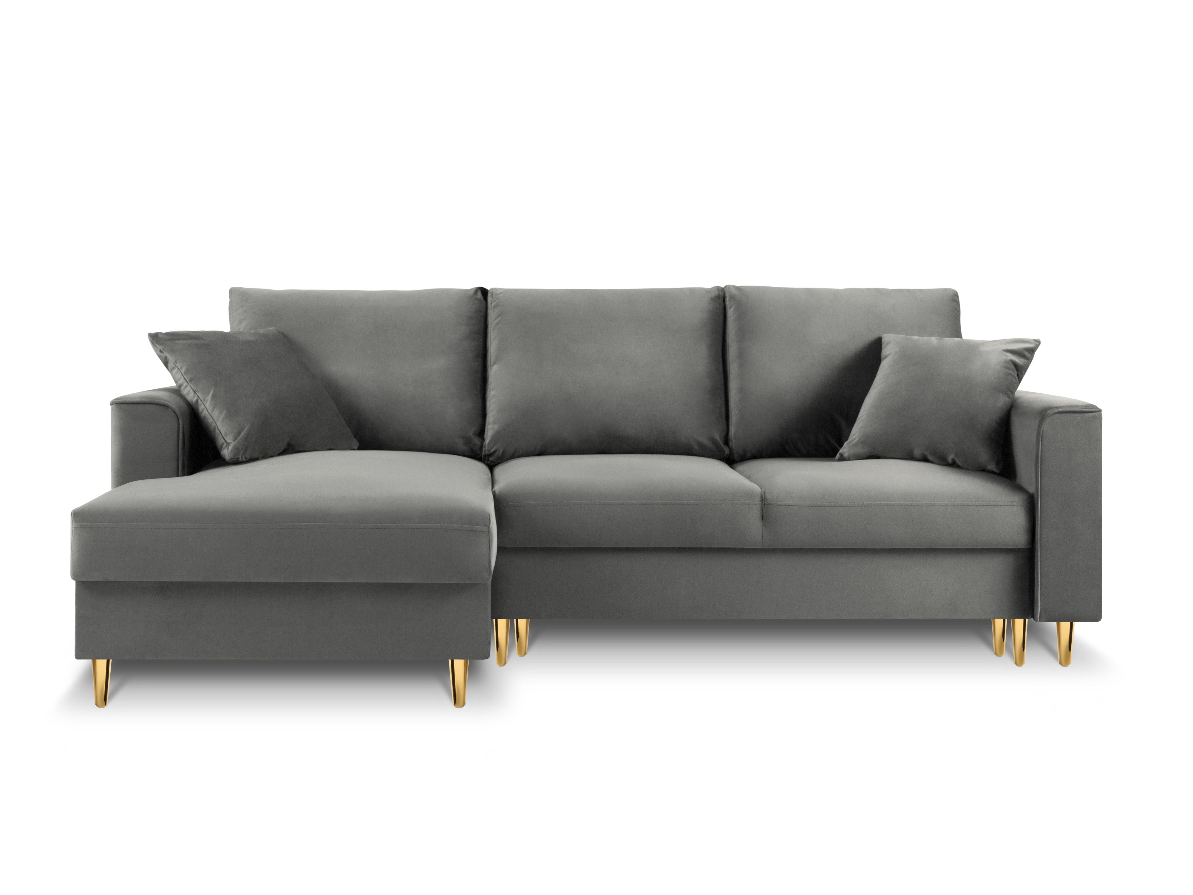 Narożnik lewostronny aksamitny z funkcją spania CARTADERA jasnoszary ze złotą podstawą Mazzini Sofas Eye on Design