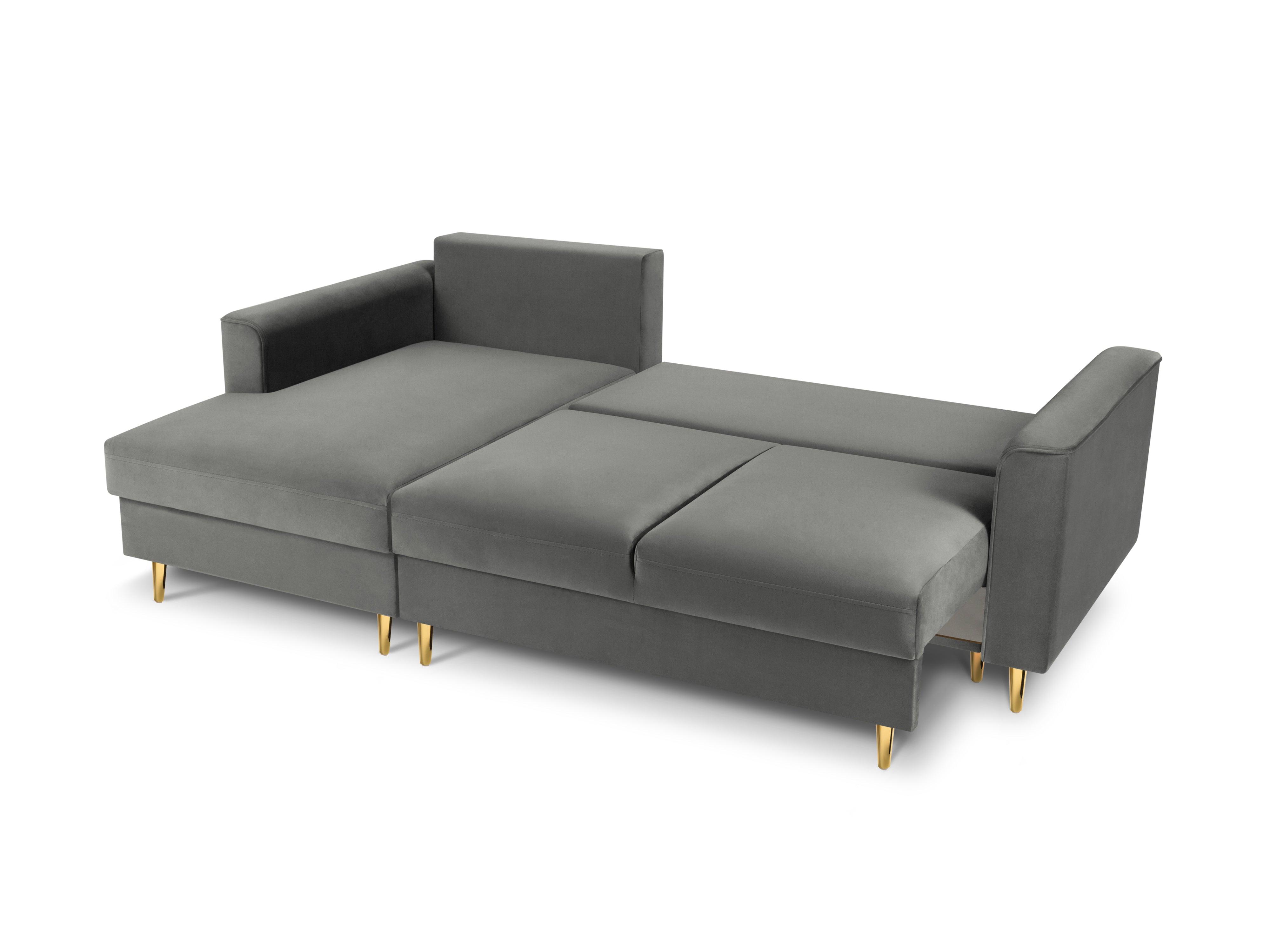 Narożnik lewostronny aksamitny z funkcją spania CARTADERA jasnoszary ze złotą podstawą Mazzini Sofas Eye on Design