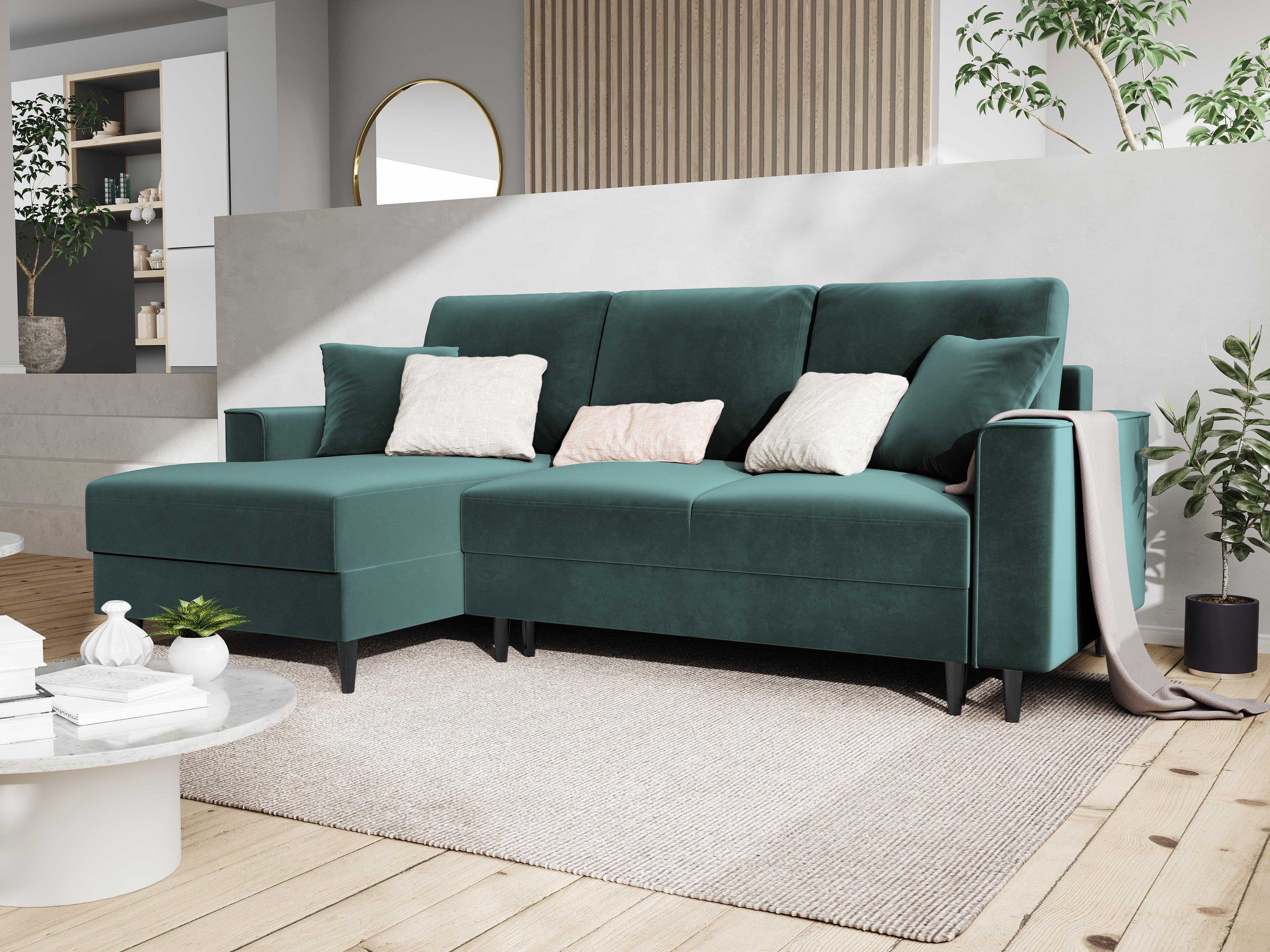 Narożnik lewostronny aksamitny z funkcją spania CARTADERA petrol z czarną podstawą Mazzini Sofas Eye on Design
