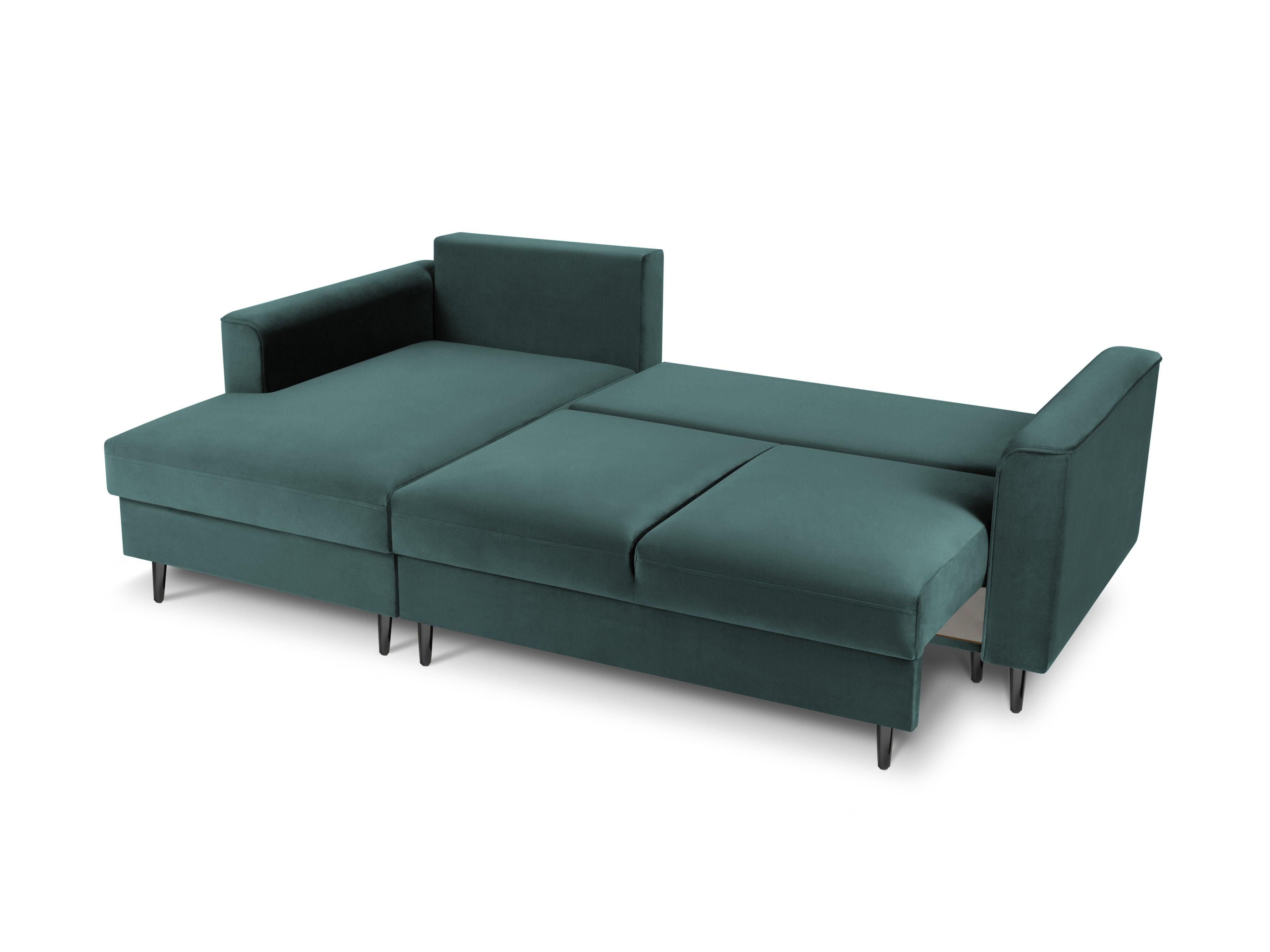 Narożnik lewostronny aksamitny z funkcją spania CARTADERA petrol z czarną podstawą Mazzini Sofas Eye on Design