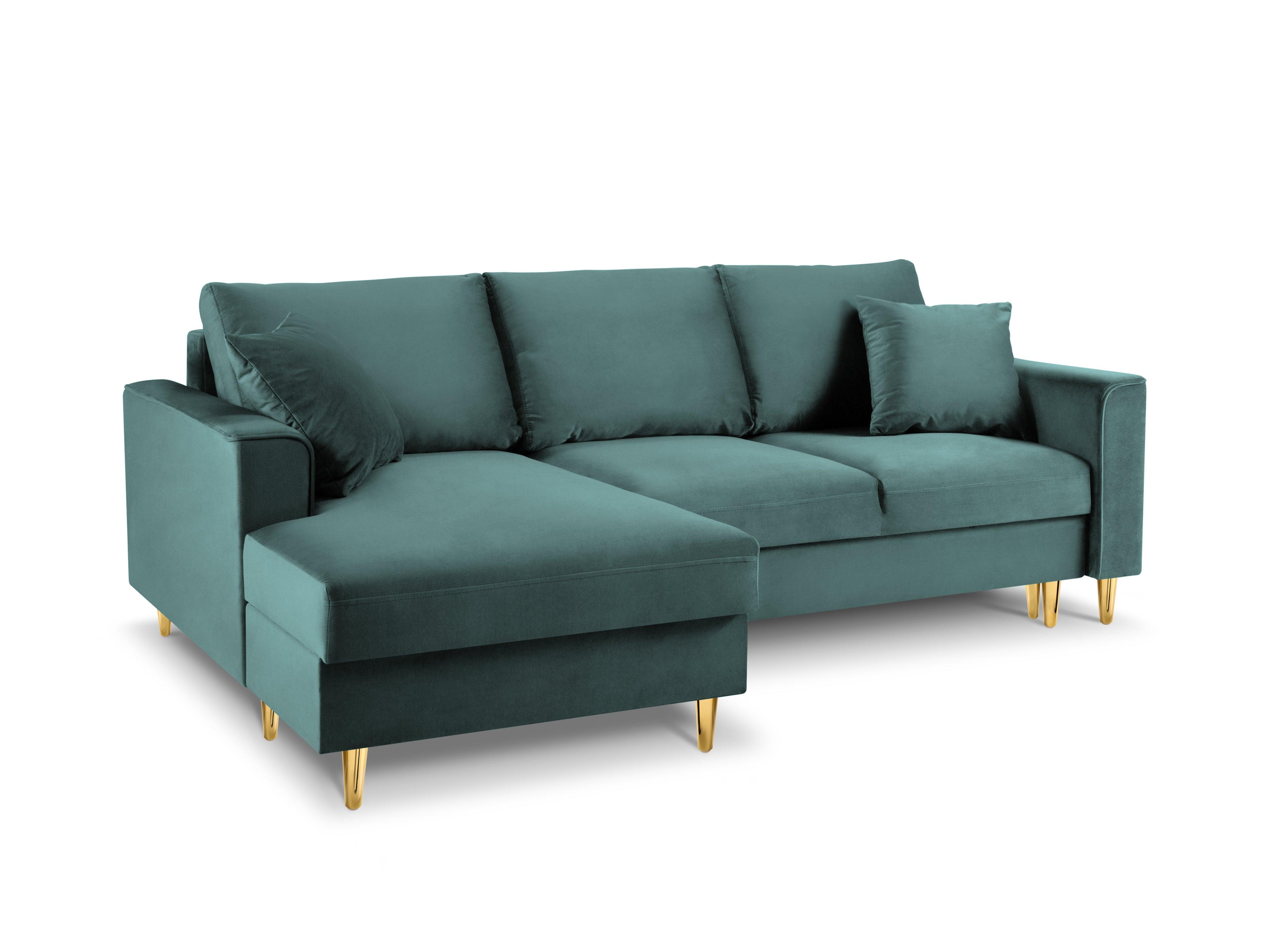Narożnik lewostronny aksamitny z funkcją spania CARTADERA petrol ze złotą podstawą Mazzini Sofas Eye on Design