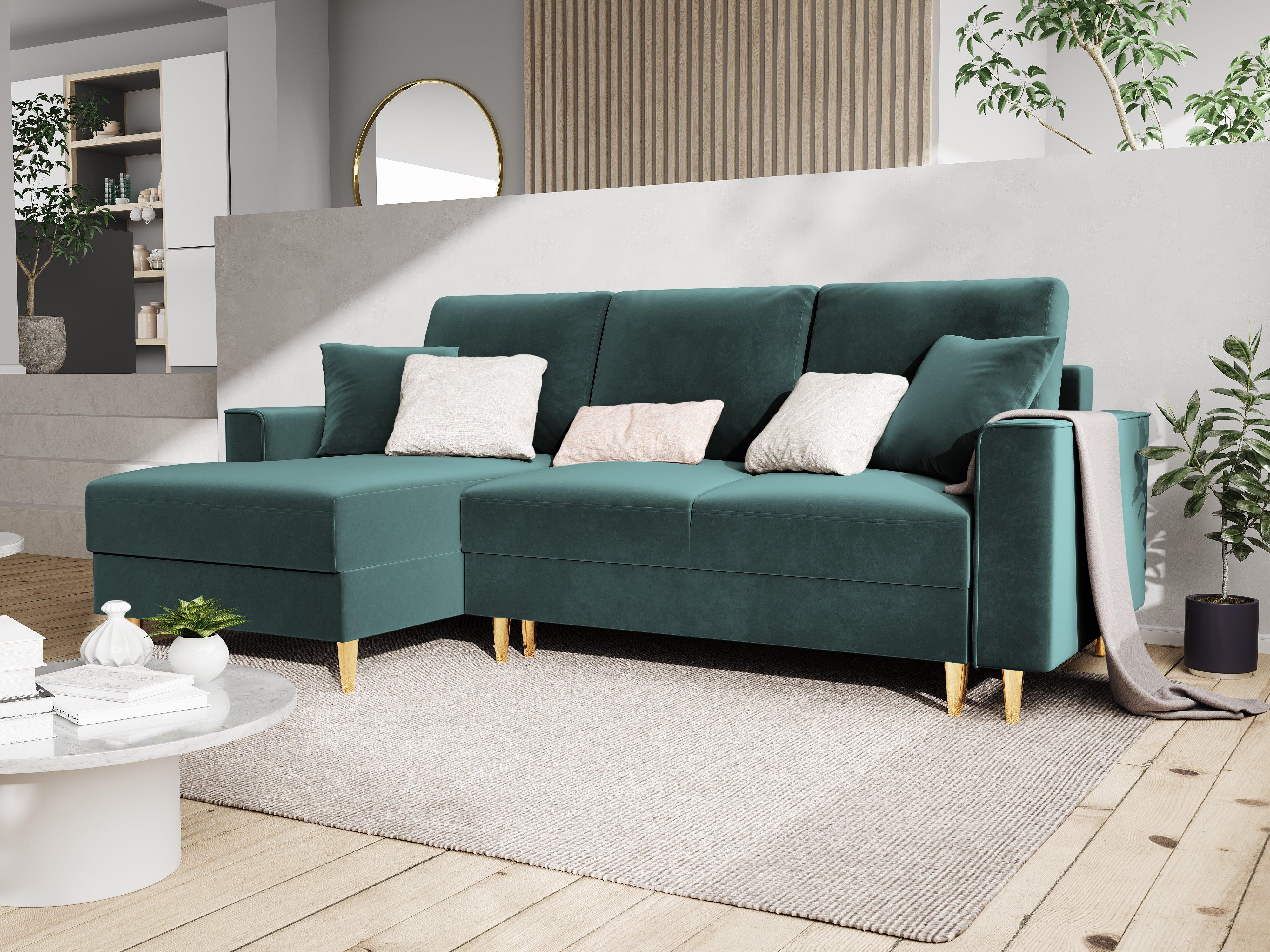 Narożnik lewostronny aksamitny z funkcją spania CARTADERA petrol ze złotą podstawą Mazzini Sofas Eye on Design