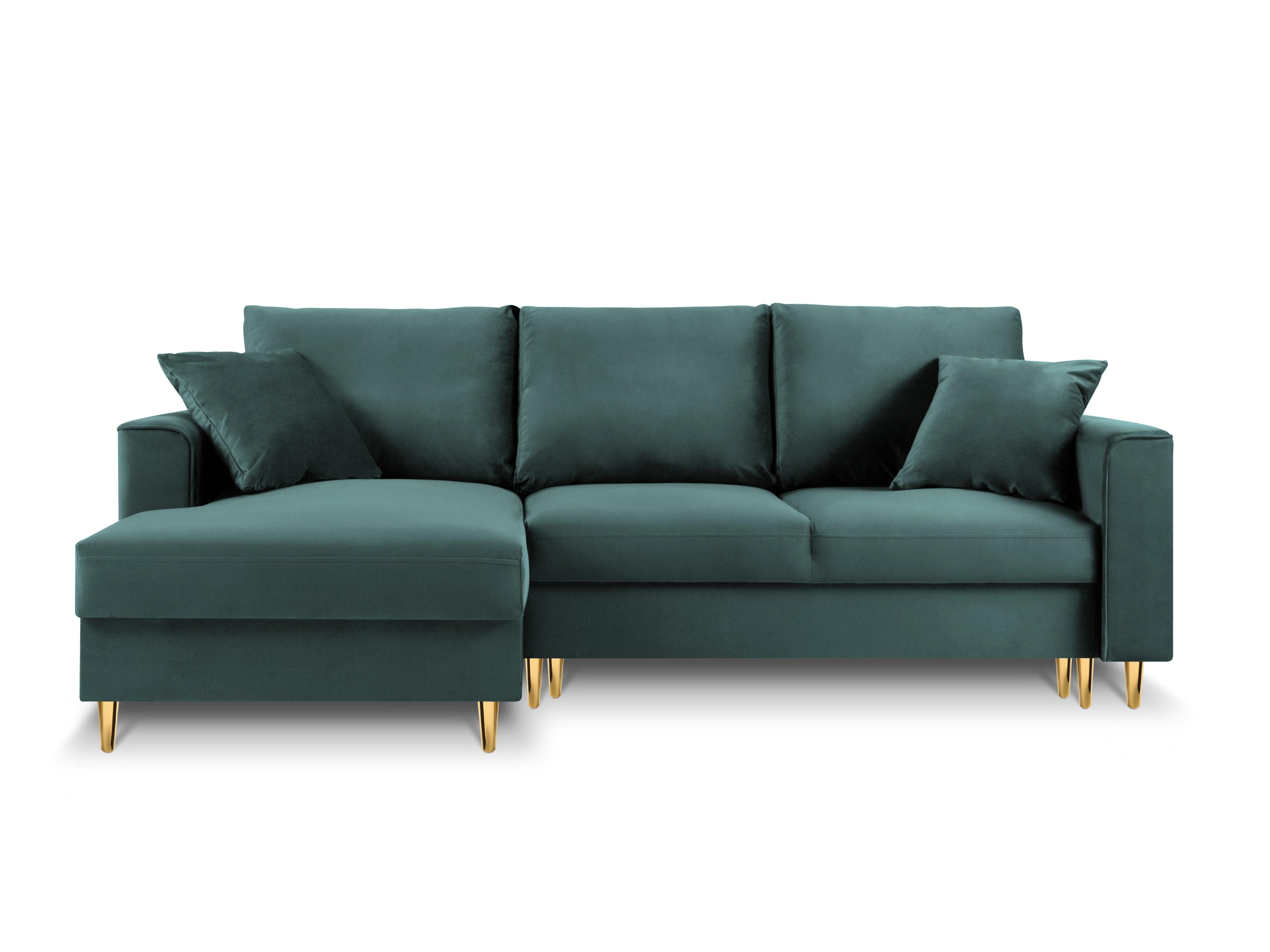 Narożnik lewostronny aksamitny z funkcją spania CARTADERA petrol ze złotą podstawą Mazzini Sofas Eye on Design