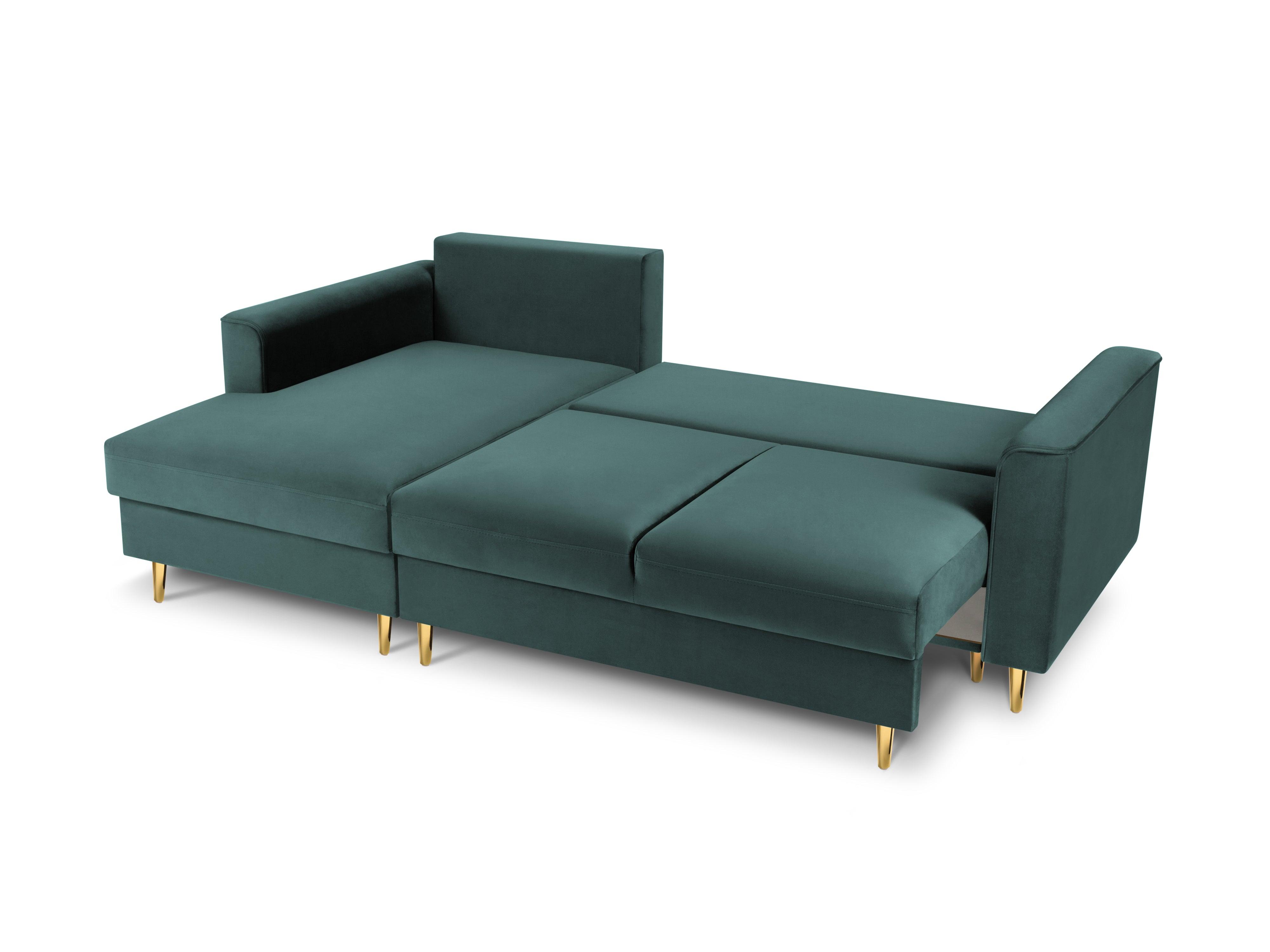 Narożnik lewostronny aksamitny z funkcją spania CARTADERA petrol ze złotą podstawą Mazzini Sofas Eye on Design